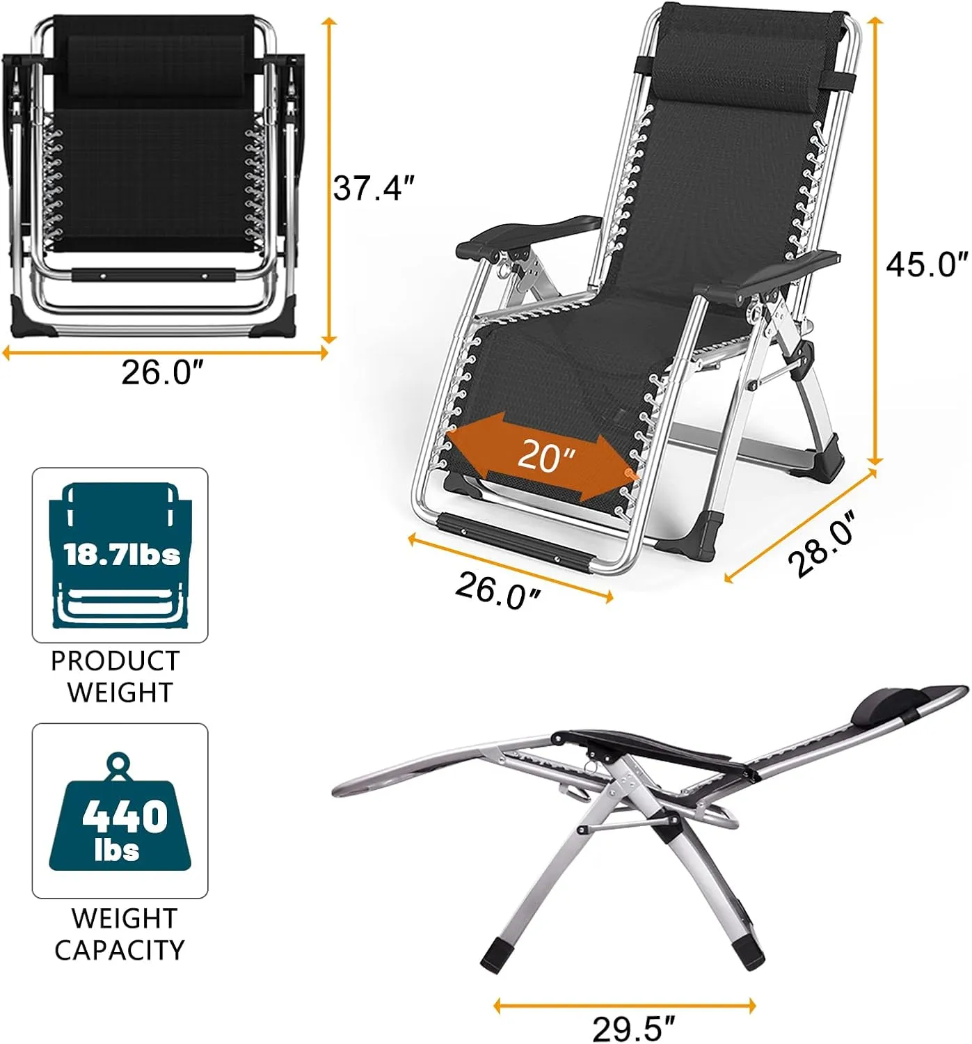 Zero Gravity Chair, Patio Recliner Folding Reclining Chair, Reclining Lounge Chair with Removable Cushion & Tray for Indoor and Outdoor