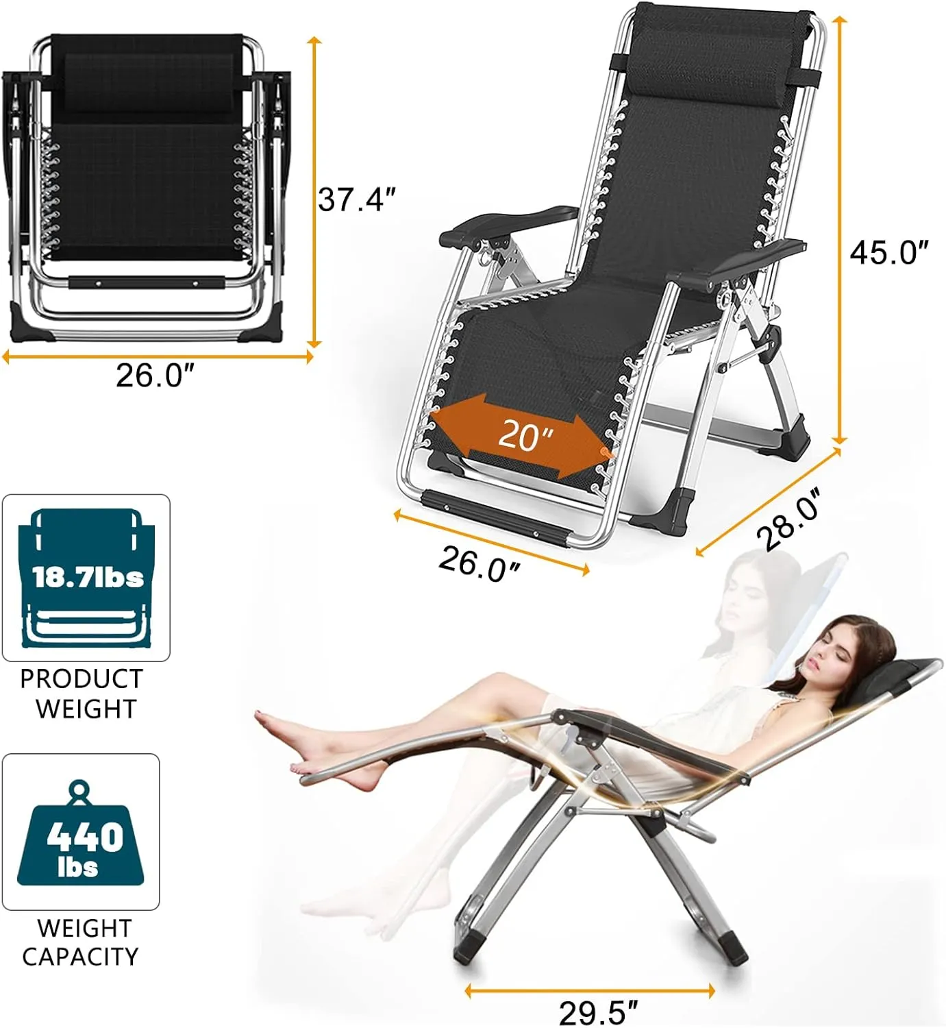 Zero Gravity Chair, Patio Recliner Folding Reclining Chair, Reclining Lounge Chair with Removable Cushion & Tray for Indoor and Outdoor