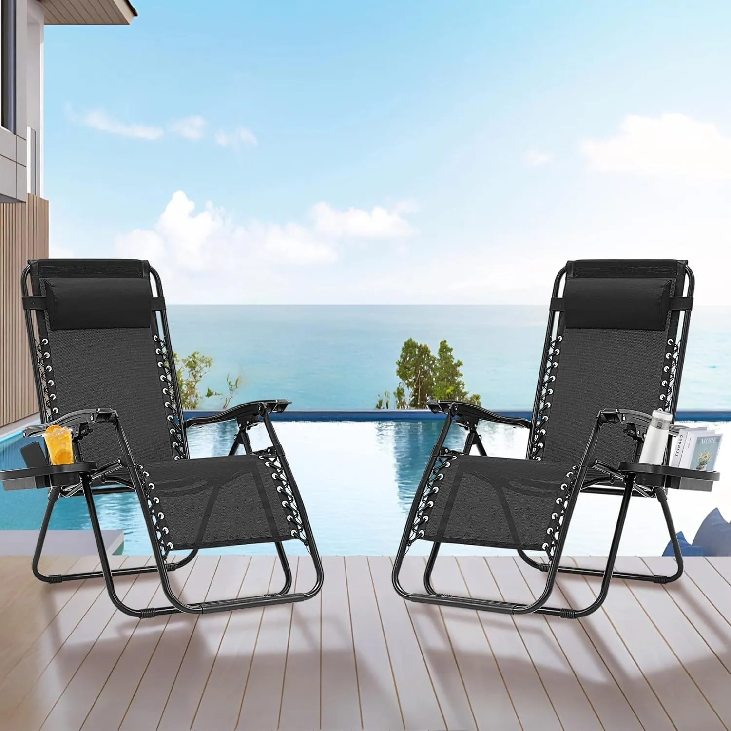 Zero Gravity Chair Set of 2, 350 lbs Capacity, Reclining Folding Outdoor Chairs with Adjustable Headrest & Cup Holder, Anti - Gravity Loungers for Backyard, Patio, Lawn, Poolside (Black)