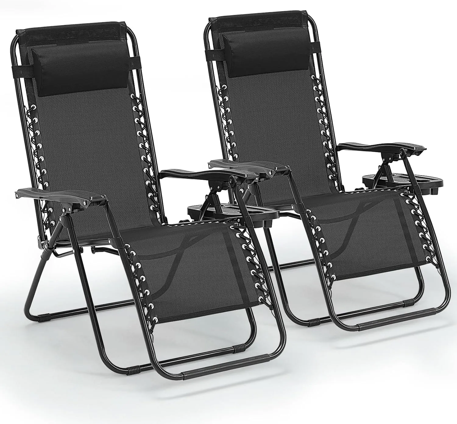 Zero Gravity Chair Set of 2, 350 lbs Capacity, Reclining Folding Outdoor Chairs with Adjustable Headrest & Cup Holder, Anti - Gravity Loungers for Backyard, Patio, Lawn, Poolside (Black)