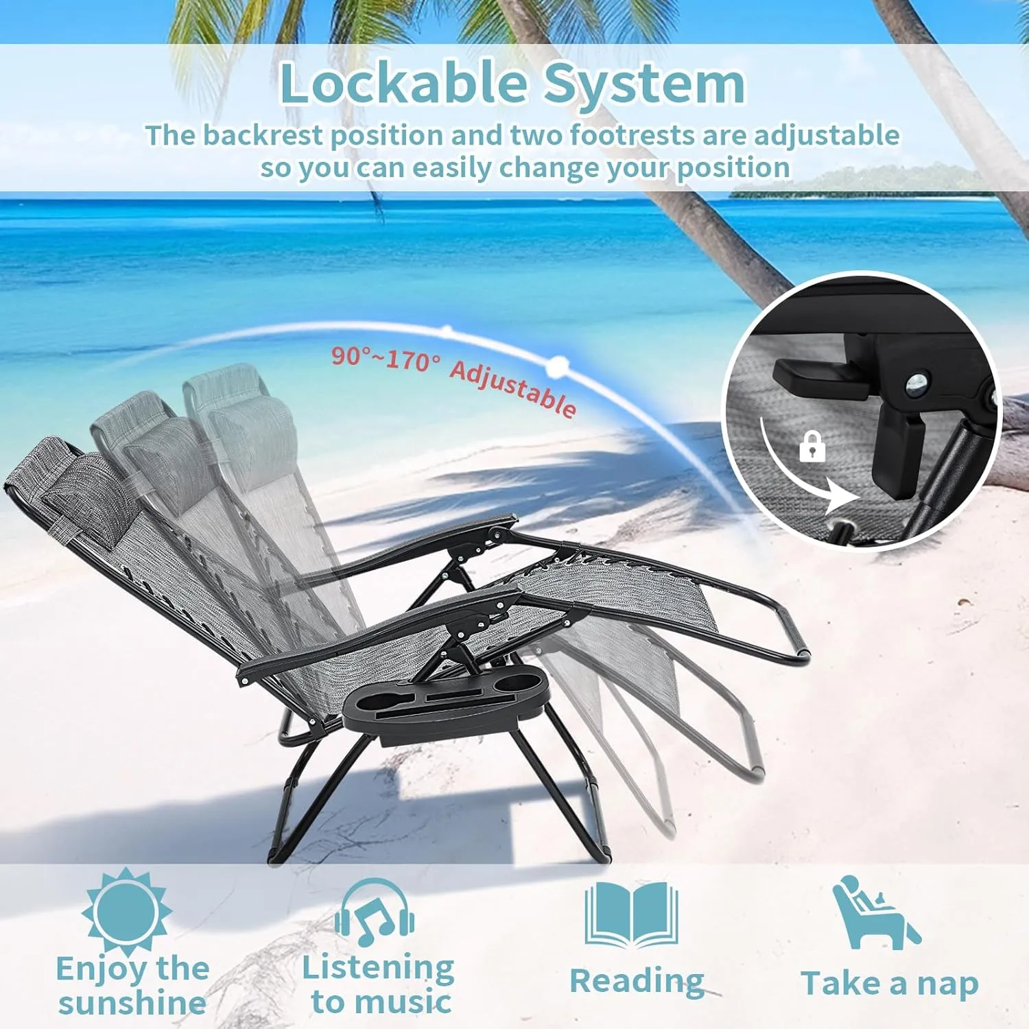 Zero Gravity Chair Set of 2, 350 lbs Capacity, Reclining Folding Outdoor Chairs with Adjustable Headrest & Cup Holder, Anti - Gravity Loungers for Backyard, Patio, Lawn, Poolside (Gray)