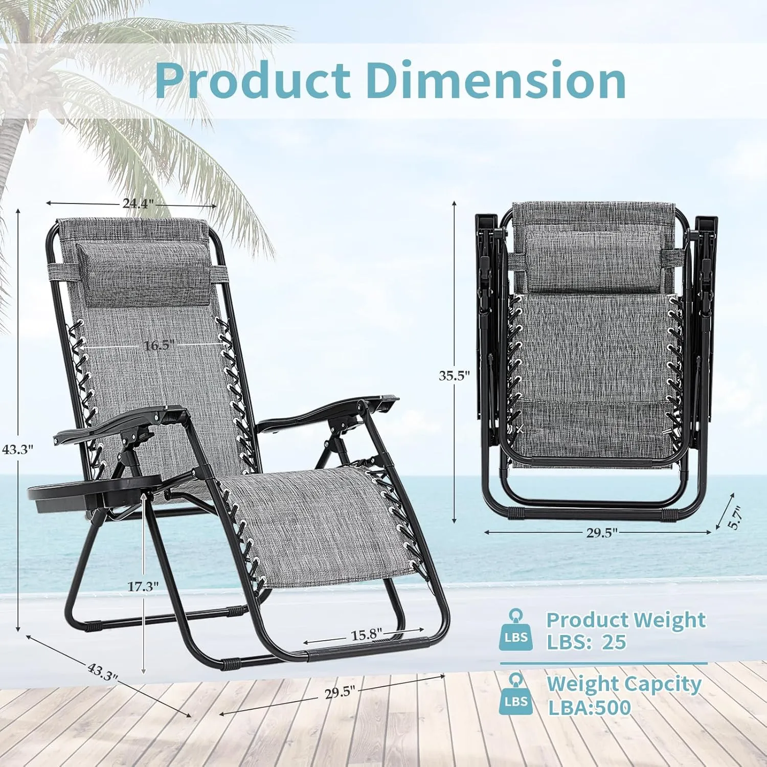 Zero Gravity Chair Set of 2, 350 lbs Capacity, Reclining Folding Outdoor Chairs with Adjustable Headrest & Cup Holder, Anti - Gravity Loungers for Backyard, Patio, Lawn, Poolside (Gray)