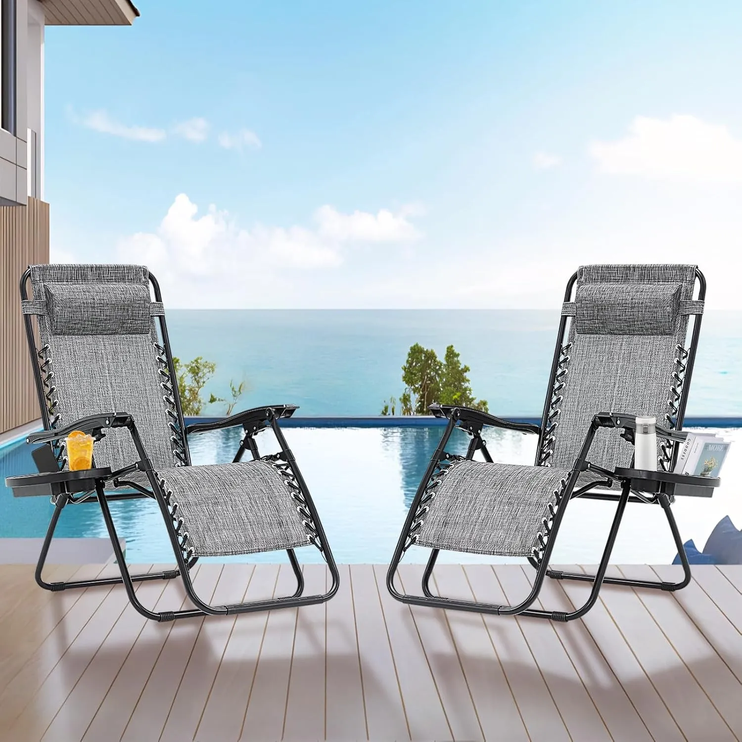 Zero Gravity Chair Set of 2, 350 lbs Capacity, Reclining Folding Outdoor Chairs with Adjustable Headrest & Cup Holder, Anti - Gravity Loungers for Backyard, Patio, Lawn, Poolside (Gray)