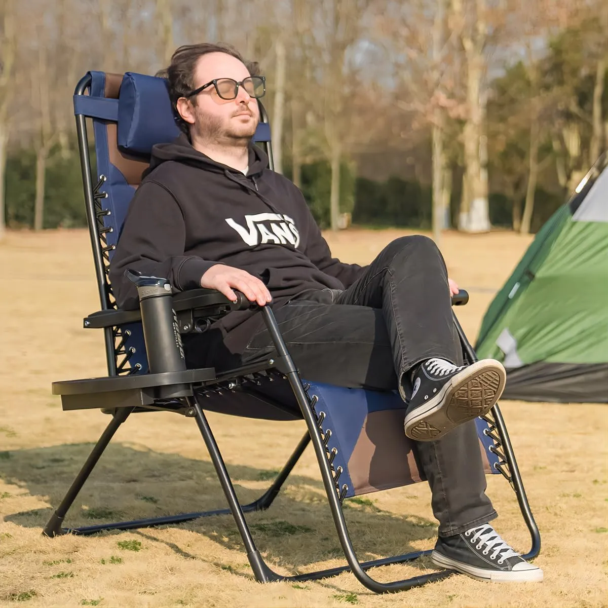 Zero Gravity Chair Set of 2 Oversized Padded Recliner with Adjustable Headrest & Cup Holder - 600D Oxford Folding Lounge Chair for Outdoor Camping, Patio, Poolside (Brown & Blue)