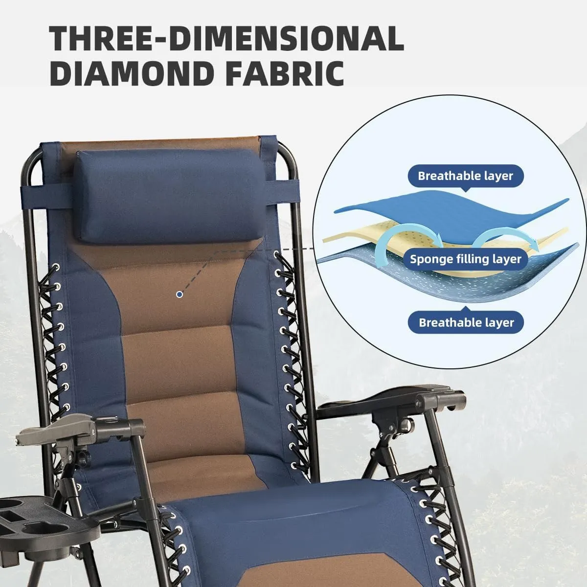 Zero Gravity Chair Set of 2 Oversized Padded Recliner with Adjustable Headrest & Cup Holder - 600D Oxford Folding Lounge Chair for Outdoor Camping, Patio, Poolside (Brown & Blue)