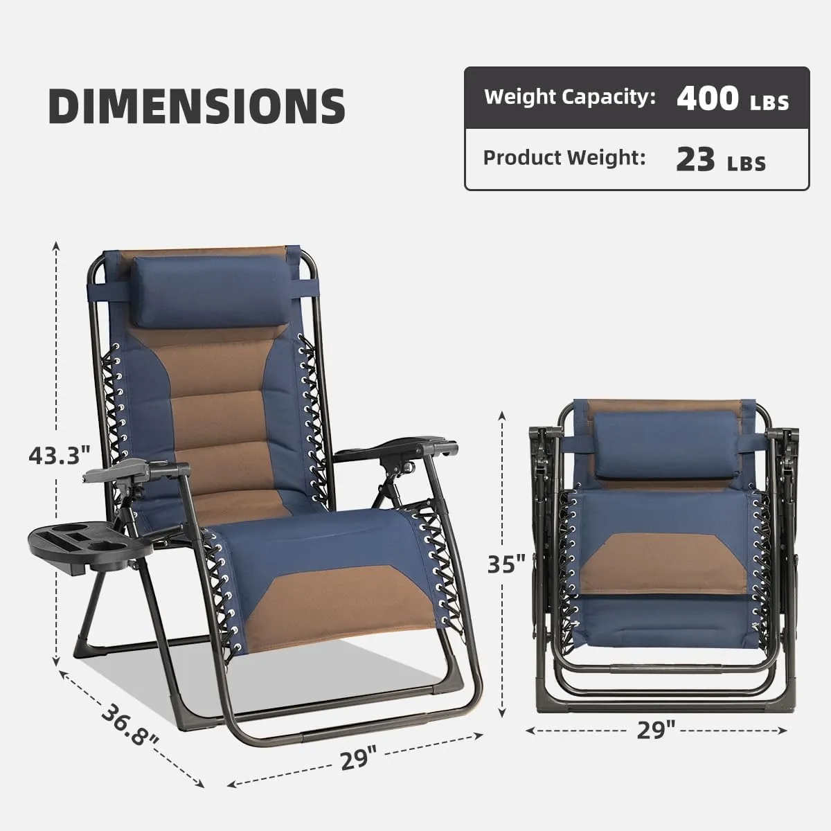 Zero Gravity Chair Set of 2 Oversized Padded Recliner with Adjustable Headrest & Cup Holder - 600D Oxford Folding Lounge Chair for Outdoor Camping, Patio, Poolside (Brown & Blue)