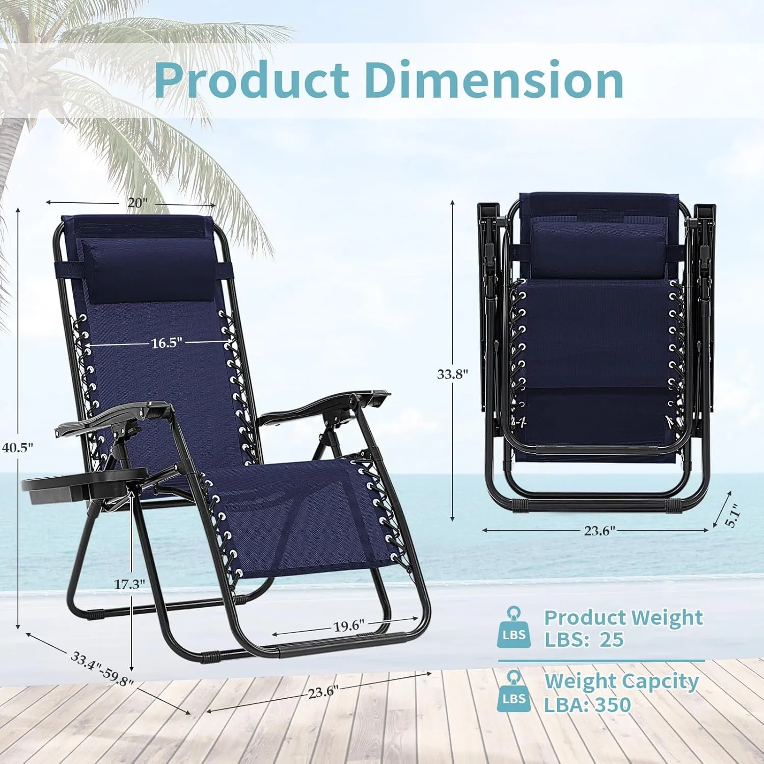 Zero Gravity Chair, Set of 2 Reclining Folding Outdoor Chairs with Adjustable Headrest & Cup Holder, 350lbs Capacity Anti-Gravity Loungers for Backyard, Patio, Lawn, Poolside (Blue)