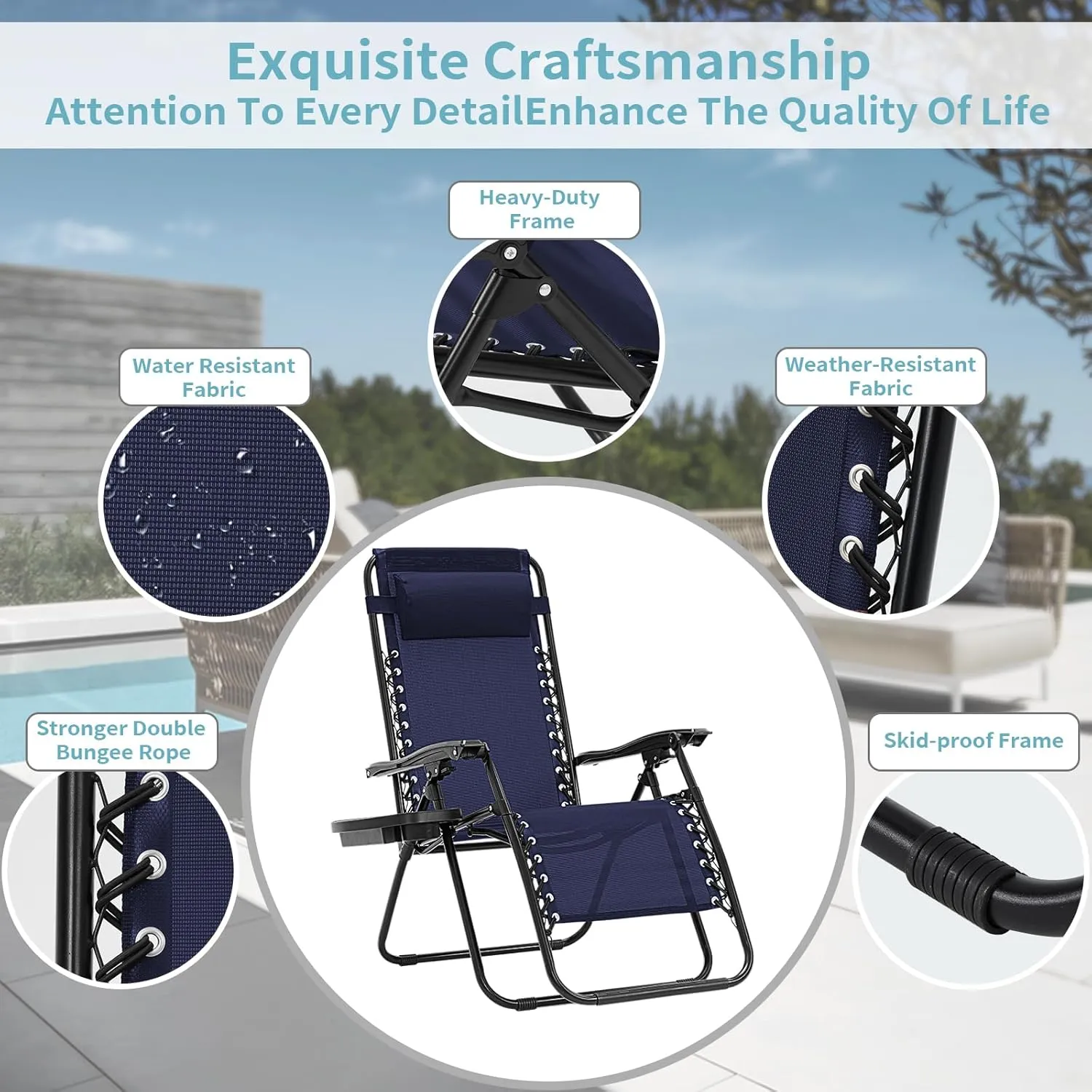 Zero Gravity Chair, Set of 2 Reclining Folding Outdoor Chairs with Adjustable Headrest & Cup Holder, 350lbs Capacity Anti-Gravity Loungers for Backyard, Patio, Lawn, Poolside (Blue)