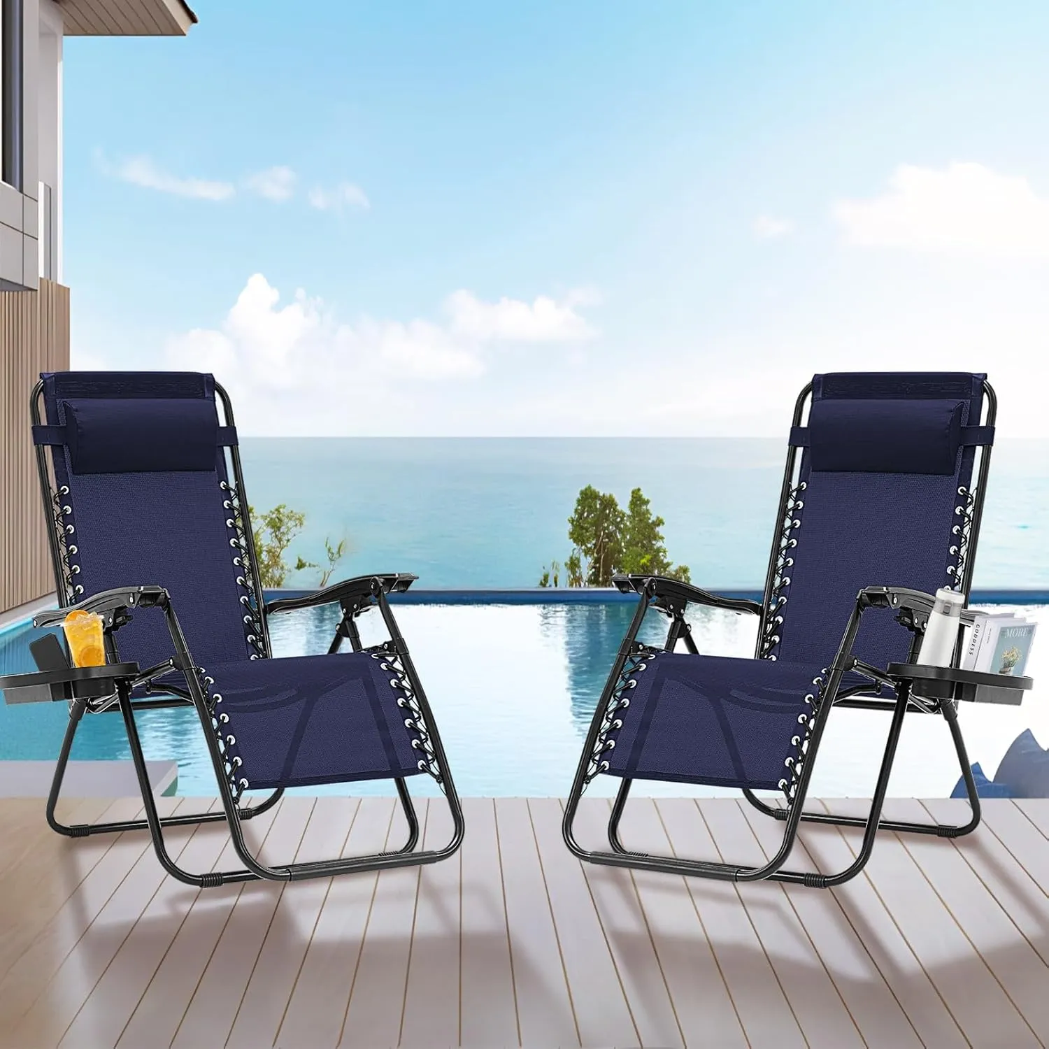 Zero Gravity Chair, Set of 2 Reclining Folding Outdoor Chairs with Adjustable Headrest & Cup Holder, 350lbs Capacity Anti-Gravity Loungers for Backyard, Patio, Lawn, Poolside (Blue)