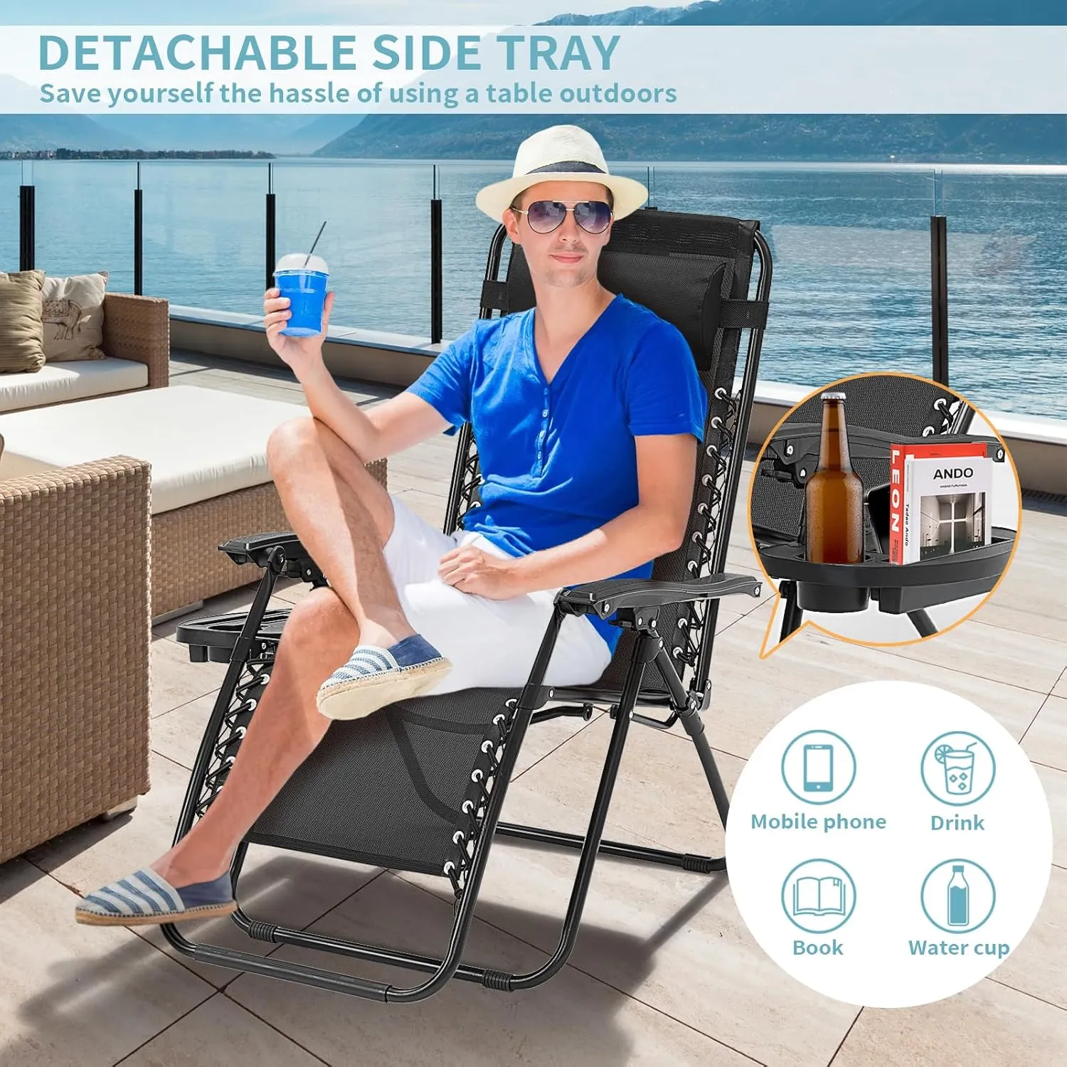 Zero Gravity Chairs Set of 2, 350lbs Capacity Folding Outdoor Patio Recliner with Adjustable Headrest & Cup Holder, Anti Gravity Chair for Backyard, Poolside & Lawn (Black)