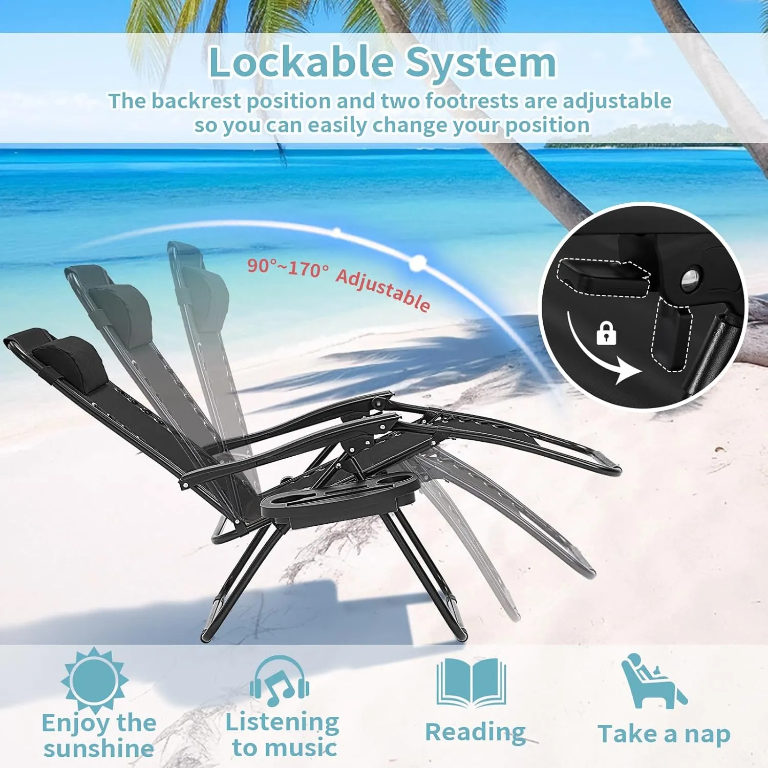 Zero Gravity Chairs Set of 2, 350lbs Capacity Folding Outdoor Patio Recliner with Adjustable Headrest & Cup Holder, Anti Gravity Chair for Backyard, Poolside & Lawn (Black)
