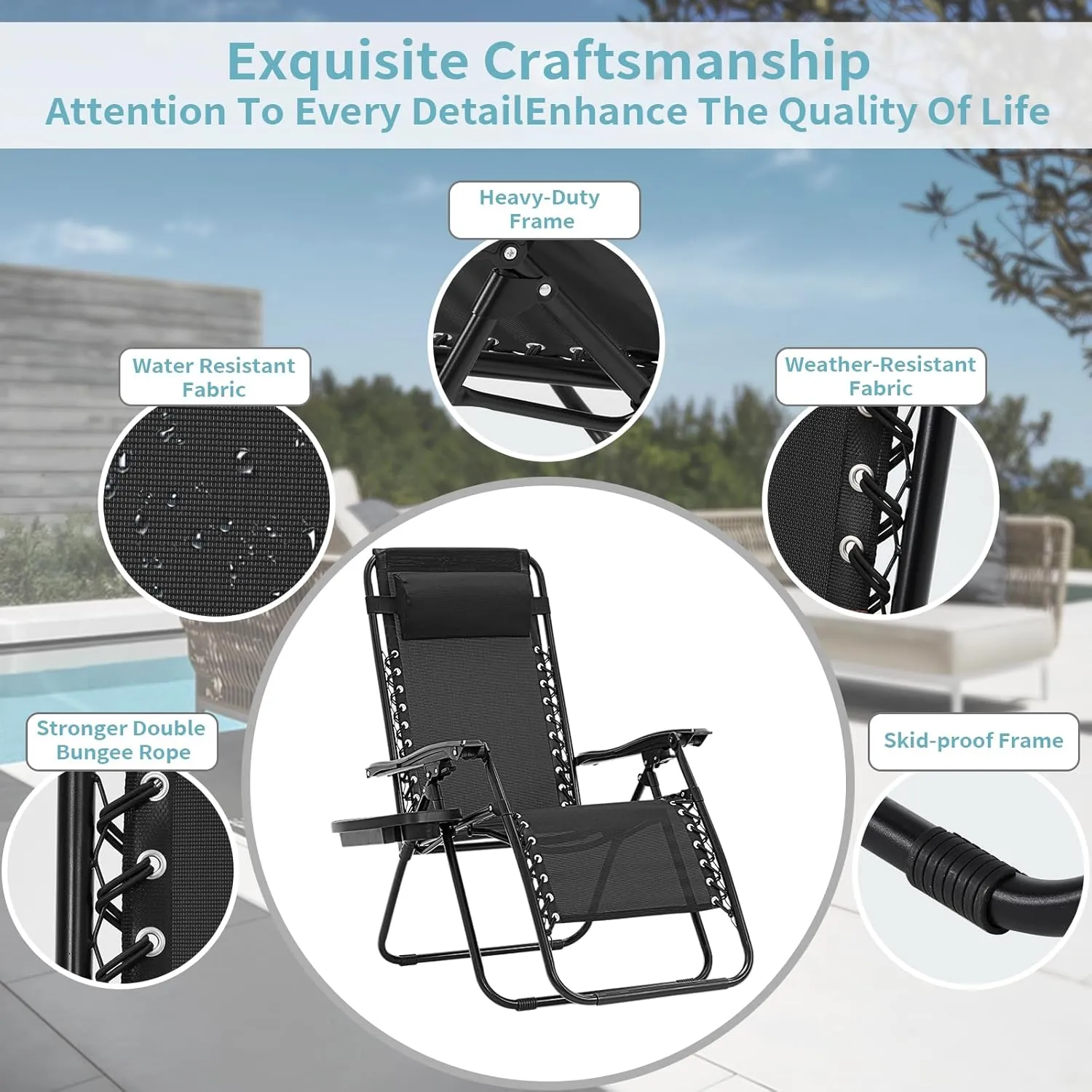 Zero Gravity Chairs Set of 2, 350lbs Capacity Folding Outdoor Patio Recliner with Adjustable Headrest & Cup Holder, Anti Gravity Chair for Backyard, Poolside & Lawn (Black)