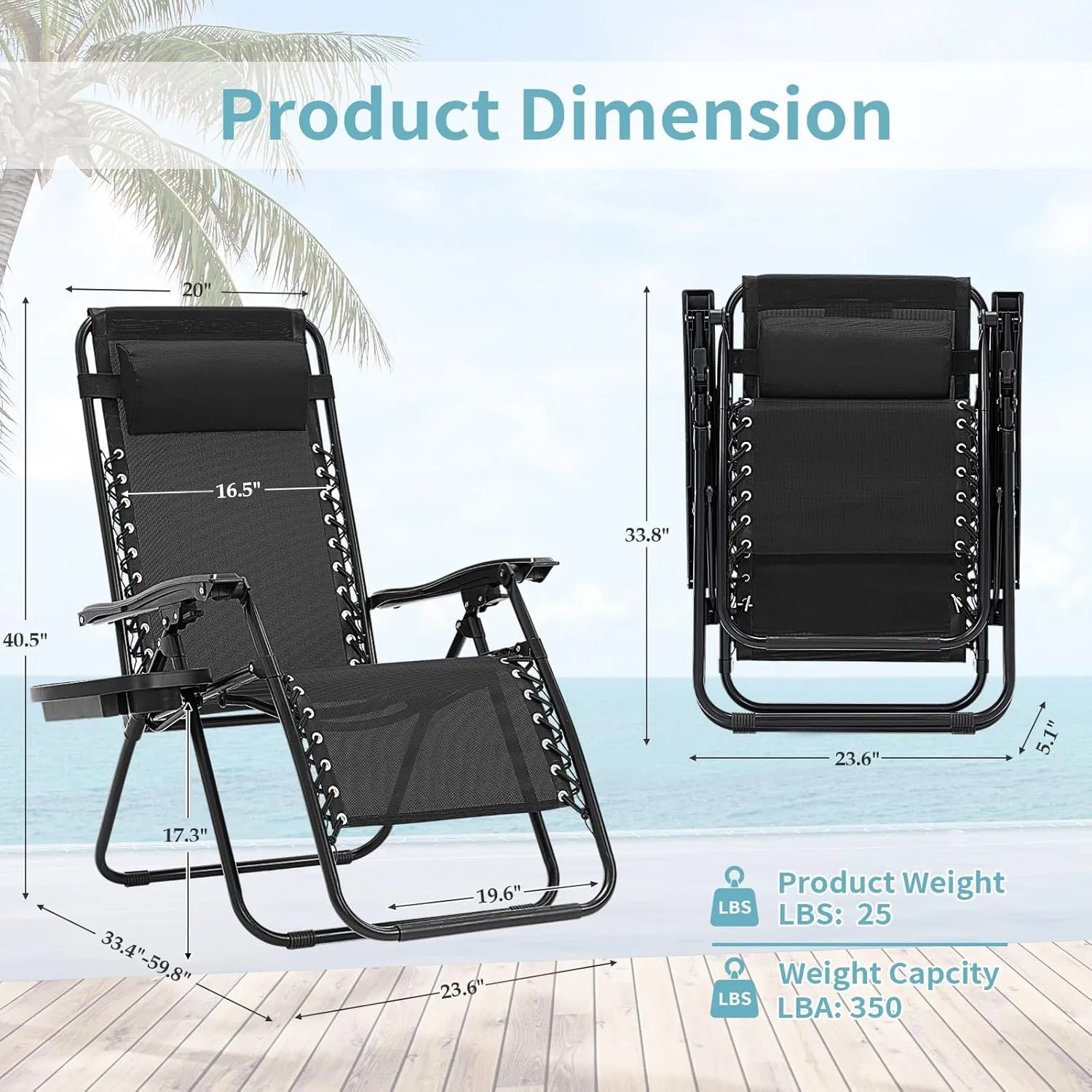 Zero Gravity Chairs Set of 2, 350lbs Capacity Folding Outdoor Patio Recliner with Adjustable Headrest & Cup Holder, Anti Gravity Chair for Backyard, Poolside & Lawn (Black)