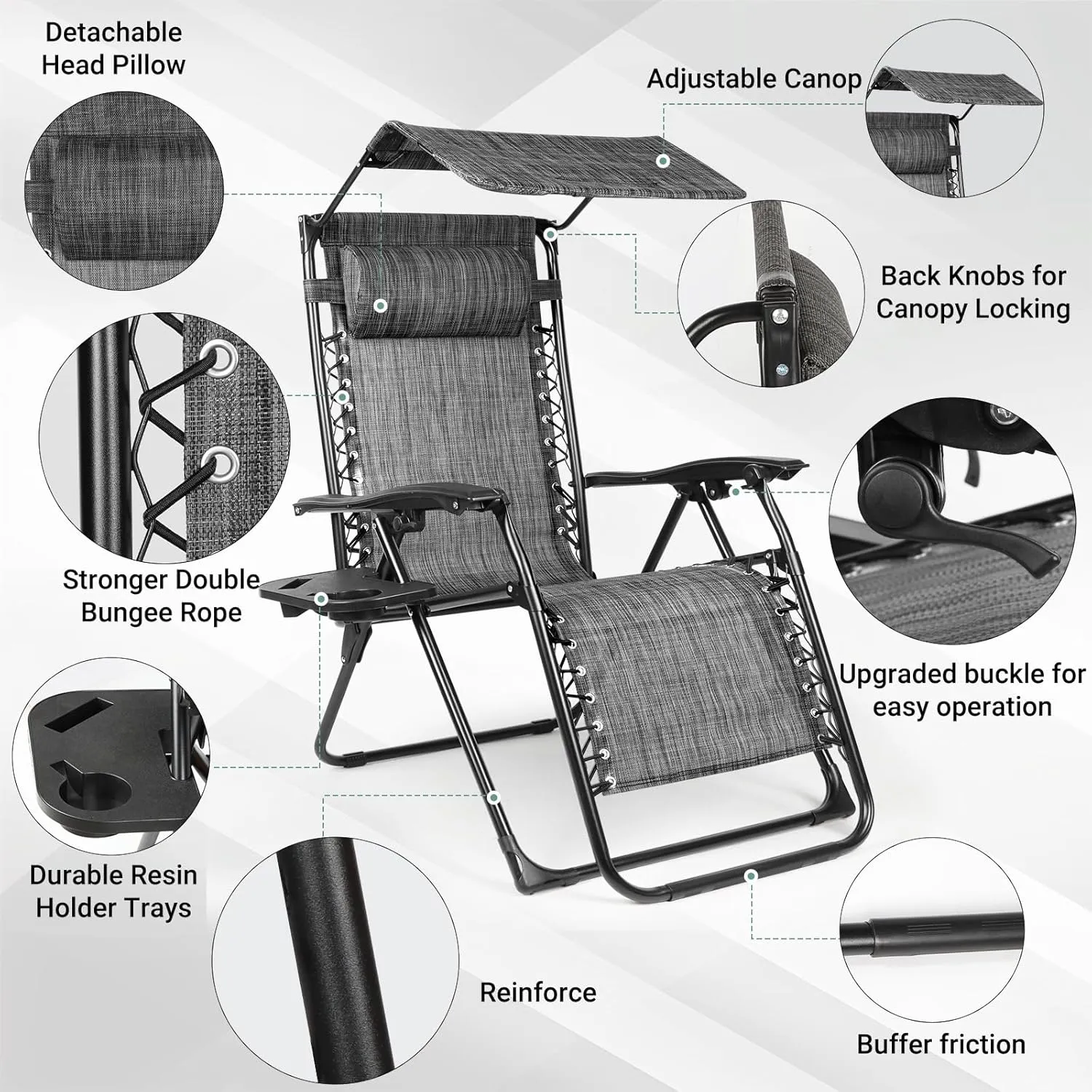 Zero Gravity Chairs Set of 2, Oversized Outdoor Recliner Patio Lounge Chair with Canopy Shade, Foldable Outdoor Lounger with Cup Holder Tray for Backyard Beach Camping,Mixed Gray