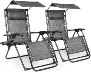 Zero Gravity Chairs Set of 2, Oversized Outdoor Recliner Patio Lounge Chair with Canopy Shade, Foldable Outdoor Lounger with Cup Holder Tray for Backyard Beach Camping,Mixed Gray