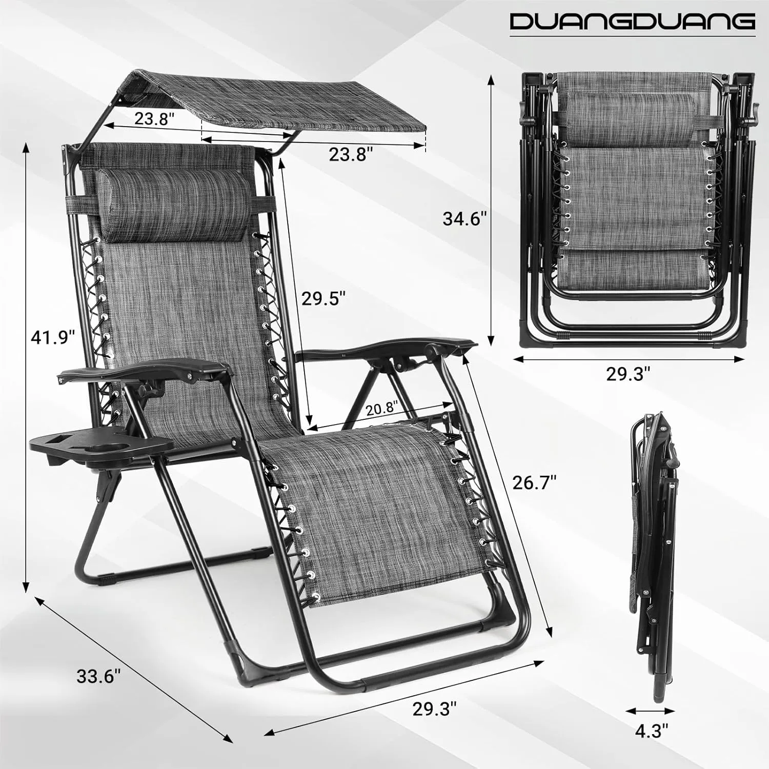 Zero Gravity Chairs Set of 2, Oversized Outdoor Recliner Patio Lounge Chair with Canopy Shade, Foldable Outdoor Lounger with Cup Holder Tray for Backyard Beach Camping,Mixed Gray