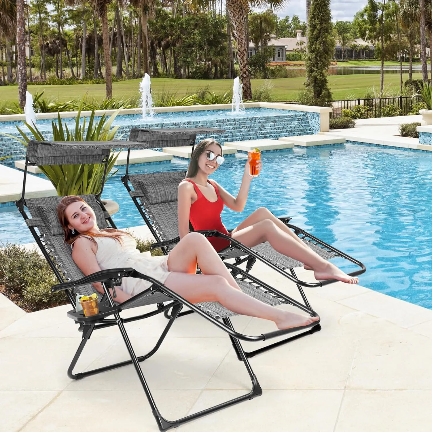 Zero Gravity Chairs Set of 2, Oversized Outdoor Recliner Patio Lounge Chair with Canopy Shade, Foldable Outdoor Lounger with Cup Holder Tray for Backyard Beach Camping,Mixed Gray