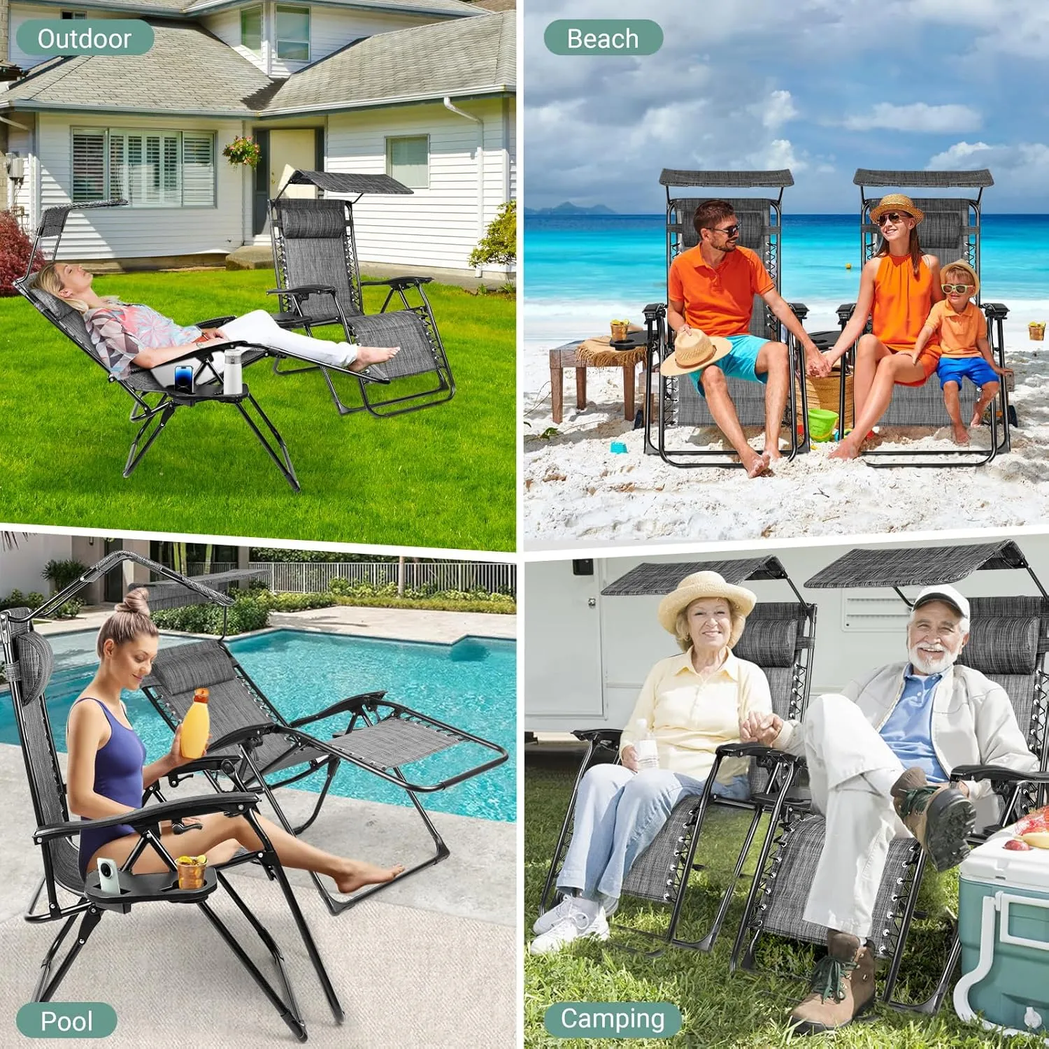 Zero Gravity Chairs Set of 2, Oversized Outdoor Recliner Patio Lounge Chair with Canopy Shade, Foldable Outdoor Lounger with Cup Holder Tray for Backyard Beach Camping,Mixed Gray