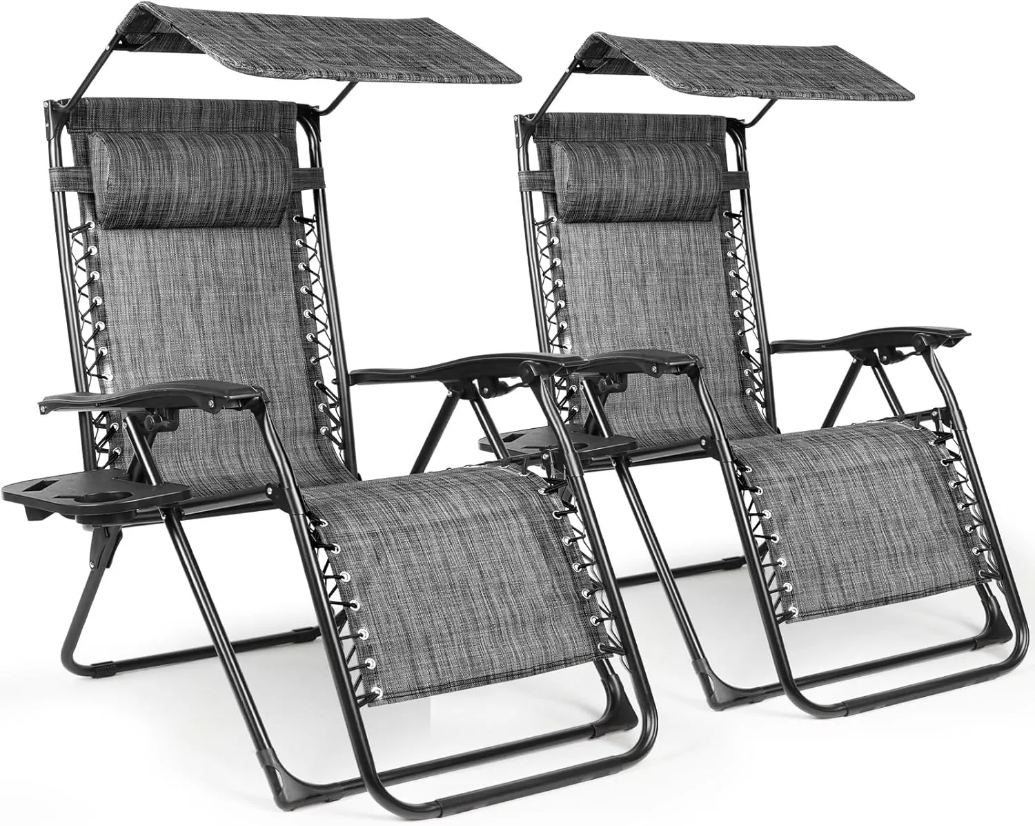 Zero Gravity Chairs Set of 2, Oversized Outdoor Recliner Patio Lounge Chair with Canopy Shade, Foldable Outdoor Lounger with Cup Holder Tray for Backyard Beach Camping,Mixed Gray