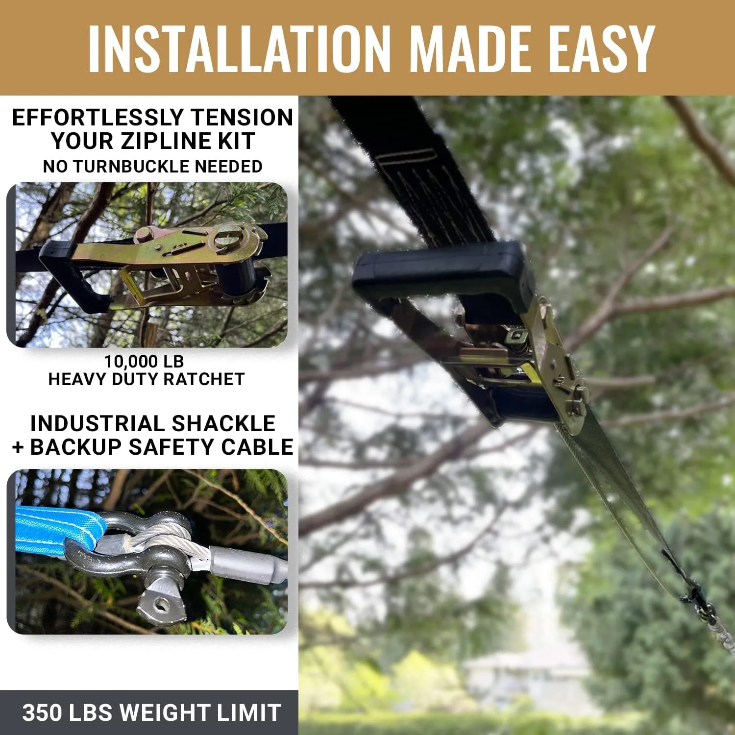 Zip Line for Kids and Adults, 200/150/100 Ft Backyard Zipline Kit, Quick Setup with Safety Harness, 350 Lb Capacity, Rustproof Stainless Steel Cable, Smooth Spring Brake, Comfortable Cushioned Seat