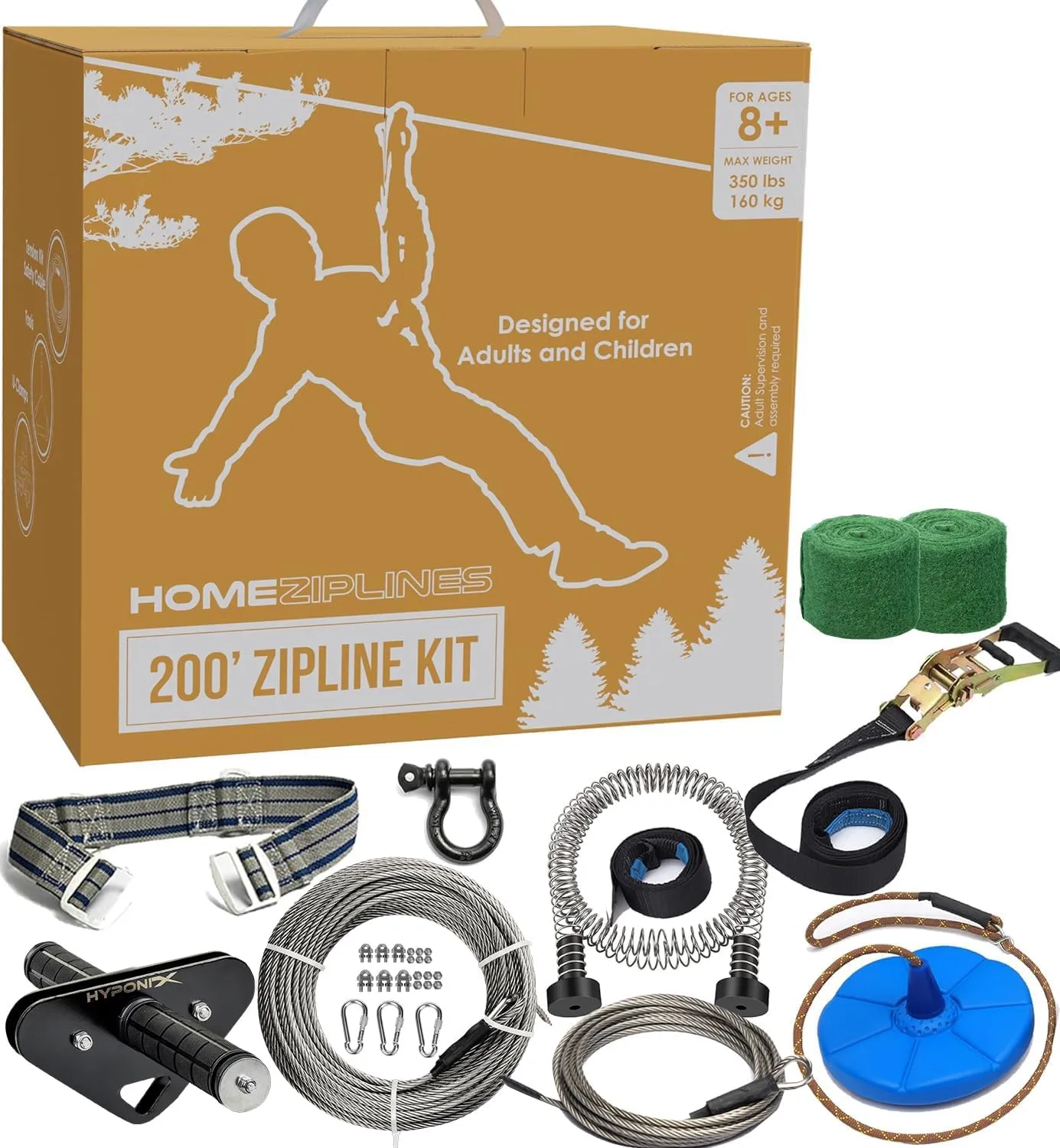 Zip Line for Kids and Adults, 200/150/100 Ft Backyard Zipline Kit, Quick Setup with Safety Harness, 350 Lb Capacity, Rustproof Stainless Steel Cable, Smooth Spring Brake, Comfortable Cushioned Seat