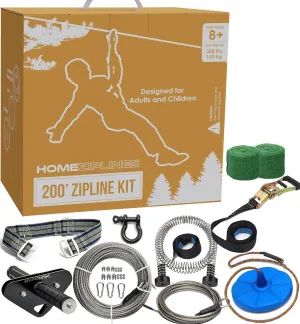 Zip Line for Kids and Adults, 200/150/100 Ft Backyard Zipline Kit, Quick Setup with Safety Harness, 350 Lb Capacity, Rustproof Stainless Steel Cable, Smooth Spring Brake, Comfortable Cushioned Seat