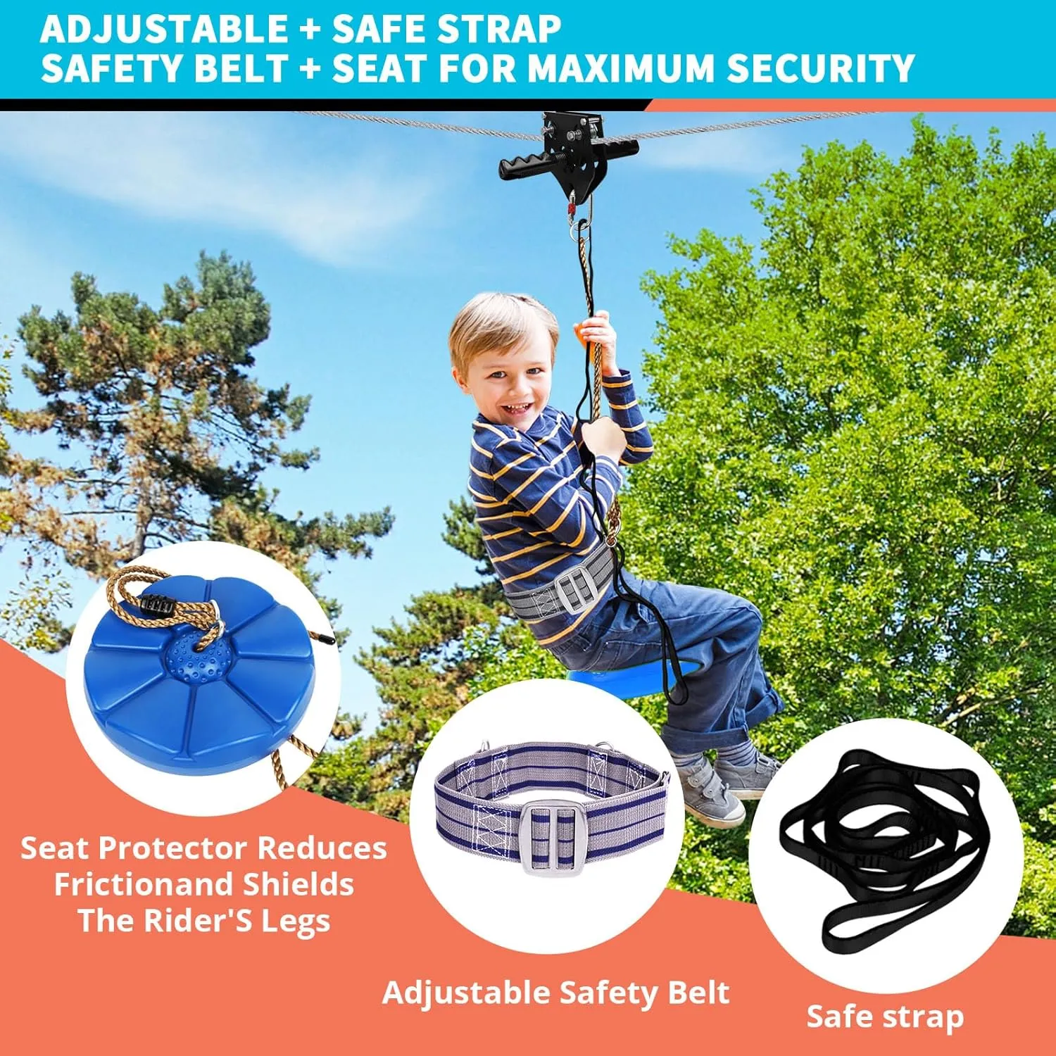 Zip Line Kit for Kids Adults : 200FT Up to 450Lbs - Quick Tighten Zipline for Backyard Outdoor with 100% Rust Proof Removable Trolley Seat Spring Brake