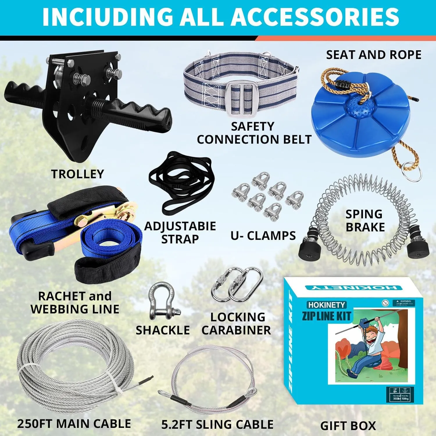 Zip Line Kit for Kids Adults : Up to 450Lbs 250FT Quick Tighten Zipline for Backyard Outdoor with 100% Rust Proof Removable Trolley Seat Spring Brake