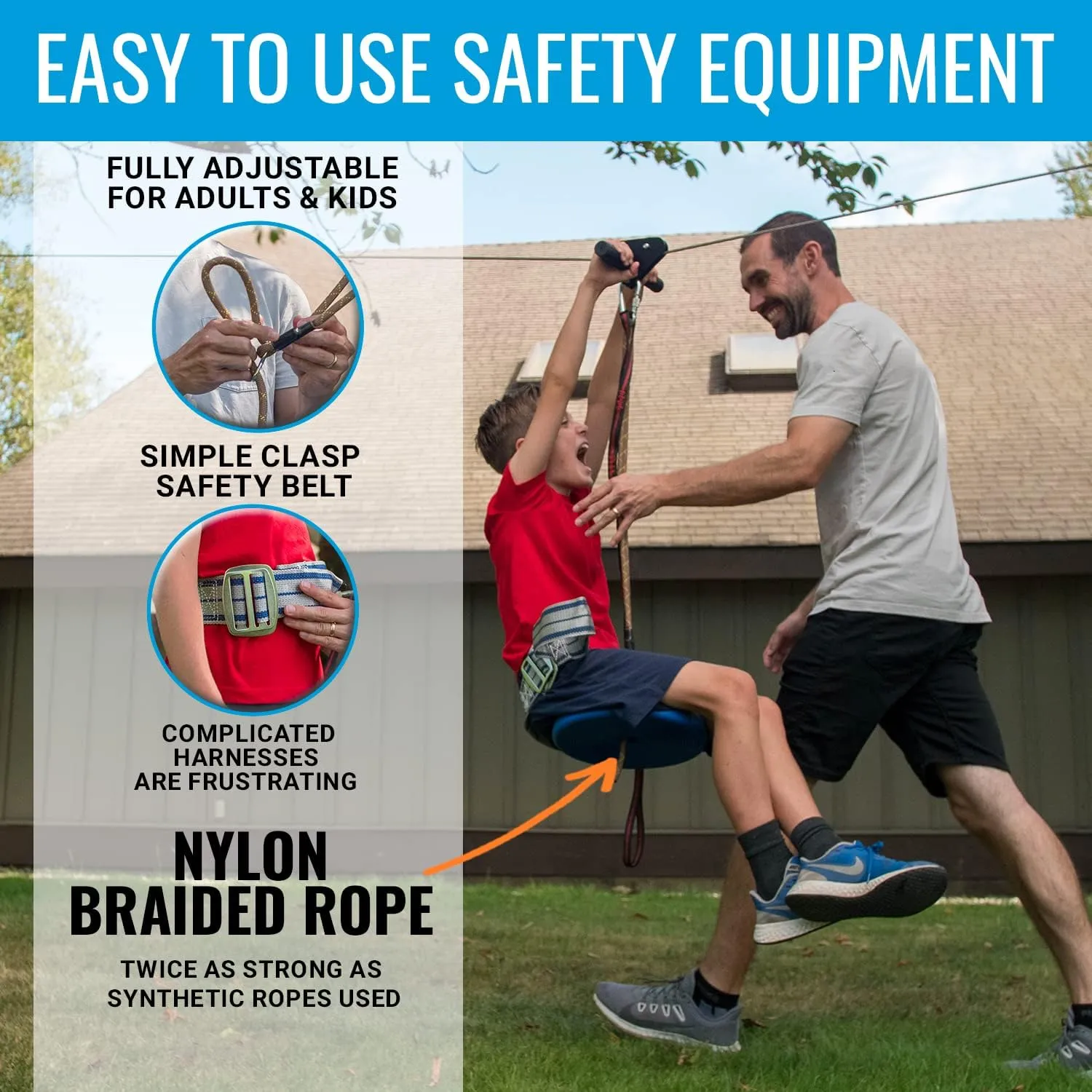 Zip Line Kit for Kids and Adults, 100/120/150/200 ft, Up to 350 Lbs, Removable Trolley, Rustproof Stainless Steel, Quick Setup with Ratchet, Safety Harness, Backyard Adventure Fun.