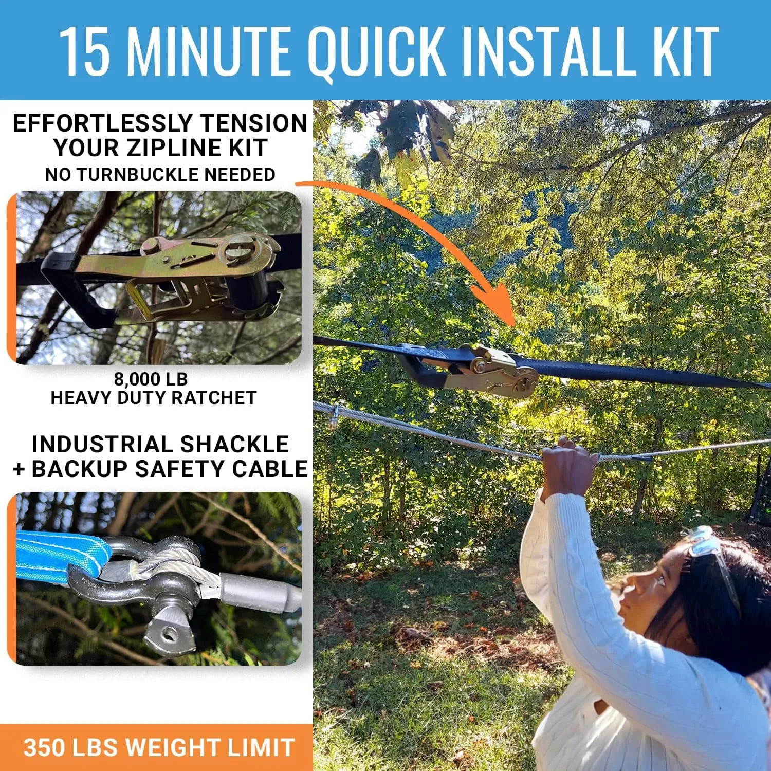 Zip Line Kit for Kids and Adults, 100/120/150/200 ft, Up to 350 Lbs, Removable Trolley, Rustproof Stainless Steel, Quick Setup with Ratchet, Safety Harness, Backyard Adventure Fun.