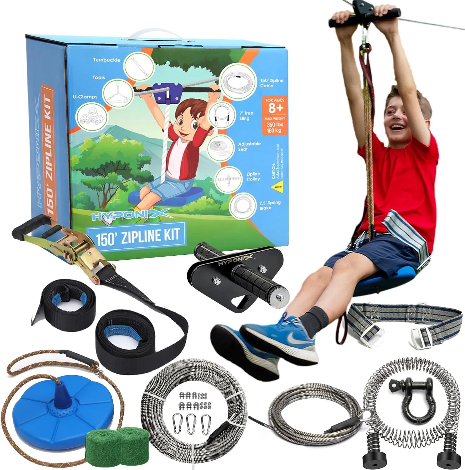 Zip Line Kit for Kids and Adults, 100/120/150/200 ft, Up to 350 Lbs, Removable Trolley, Rustproof Stainless Steel, Quick Setup with Ratchet, Safety Harness, Backyard Adventure Fun.