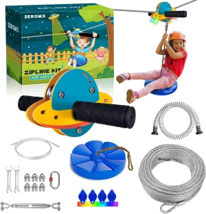 Zip Line Kit for Kids and Adults Outdoor, UFO Trolley with LED Light，75/100/120/150ft Zipline for Backyard, Up to 350 Lbs, Included Swing Seat, Ziplines Stainless Steel Brake and Safety Cable