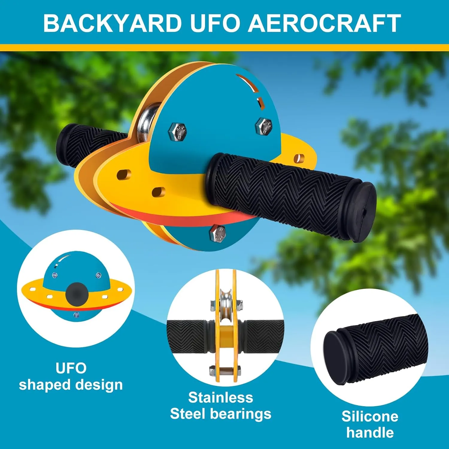 Zip Line Kit for Kids and Adults Outdoor, UFO Trolley with LED Light，75/100/120/150ft Zipline for Backyard, Up to 350 Lbs, Included Swing Seat, Ziplines Stainless Steel Brake and Safety Cable