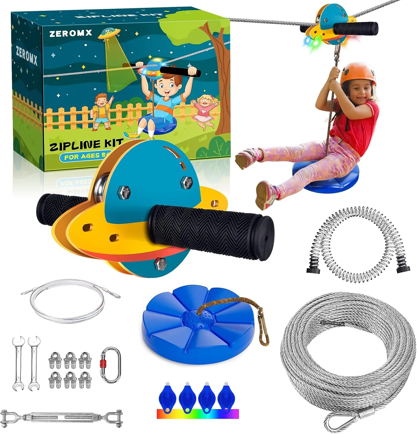 Zip Line Kit for Kids and Adults Outdoor, UFO Trolley with LED Light，75/100/120/150ft Zipline for Backyard, Up to 350 Lbs, Included Swing Seat, Ziplines Stainless Steel Brake and Safety Cable