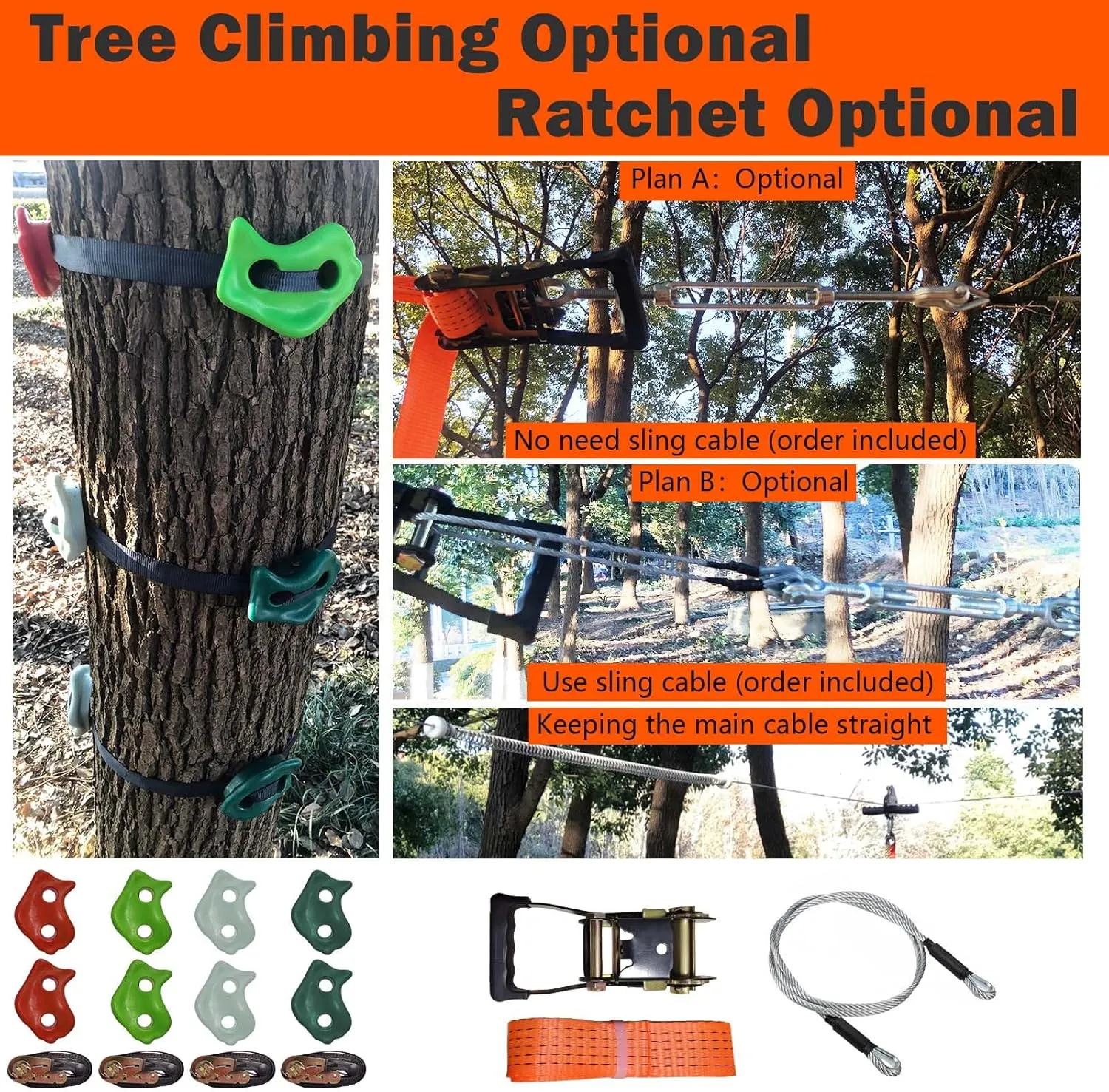 Zipline Kits for Backyard, 180FT Zip Line Kit for Kids and Adults Up to 350Lbs, Outdoor Playground Equipment (180FT Ratchet, Tree Climbing)