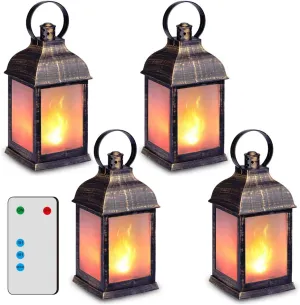 ZKEE Vintage Style Decorative Lanterns, Flame Effect LED - Golden Brushed Black, Timer (Set of 4)