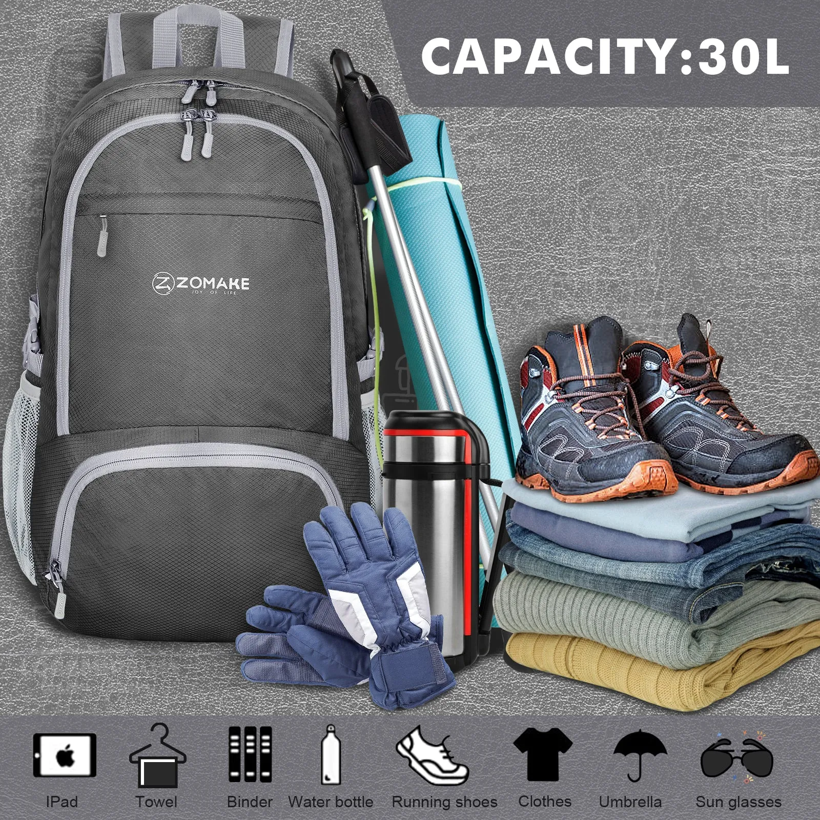 ZOMAKE Lightweight Packable Backpack 30L, Foldable Hiking Backpacks Water Resistant Compact Folding Daypack for Travel(Dimgray)