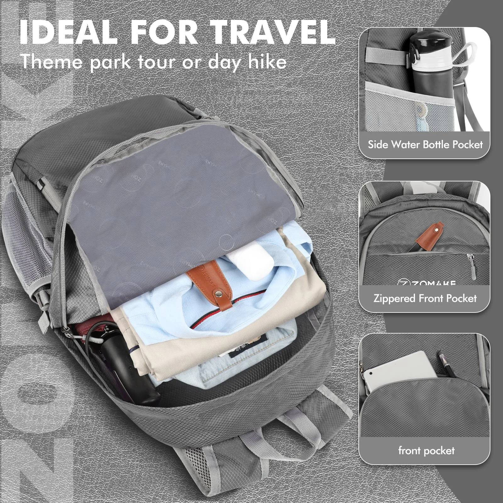 ZOMAKE Lightweight Packable Backpack 30L, Foldable Hiking Backpacks Water Resistant Compact Folding Daypack for Travel(Dimgray)