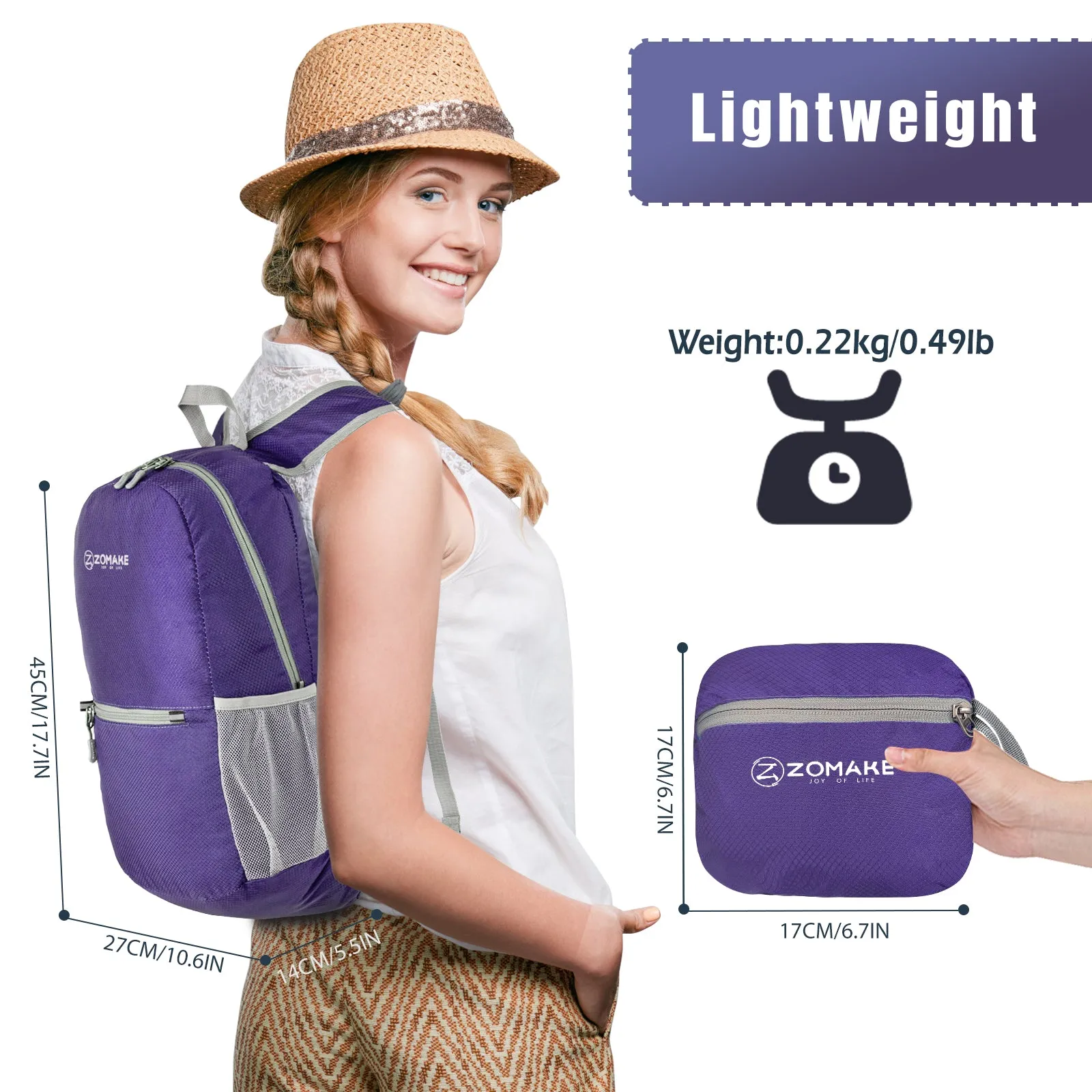 ZOMAKE Ultra Lightweight Hiking Backpack 20L, Packable Small Backpacks Water Resistant Daypack for Women Men(Purple)