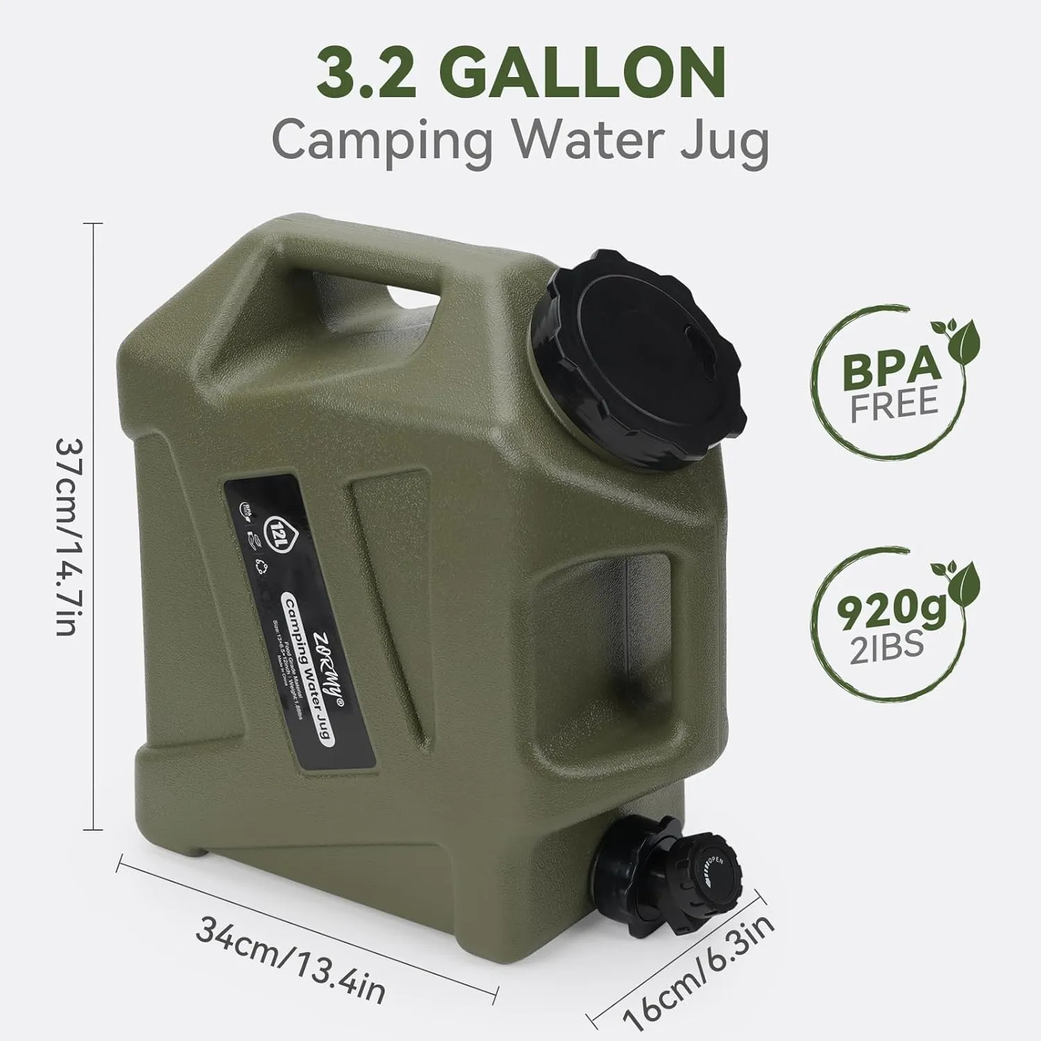 ZORMY 3.2 Gallon Camping Water Container with Spigot, Camping Water Jug, Portable Water Storage Container, BPA Free Large Emergency Water Storage for Camping, Vehicle, Car, Outdoor Hiking, Picnic