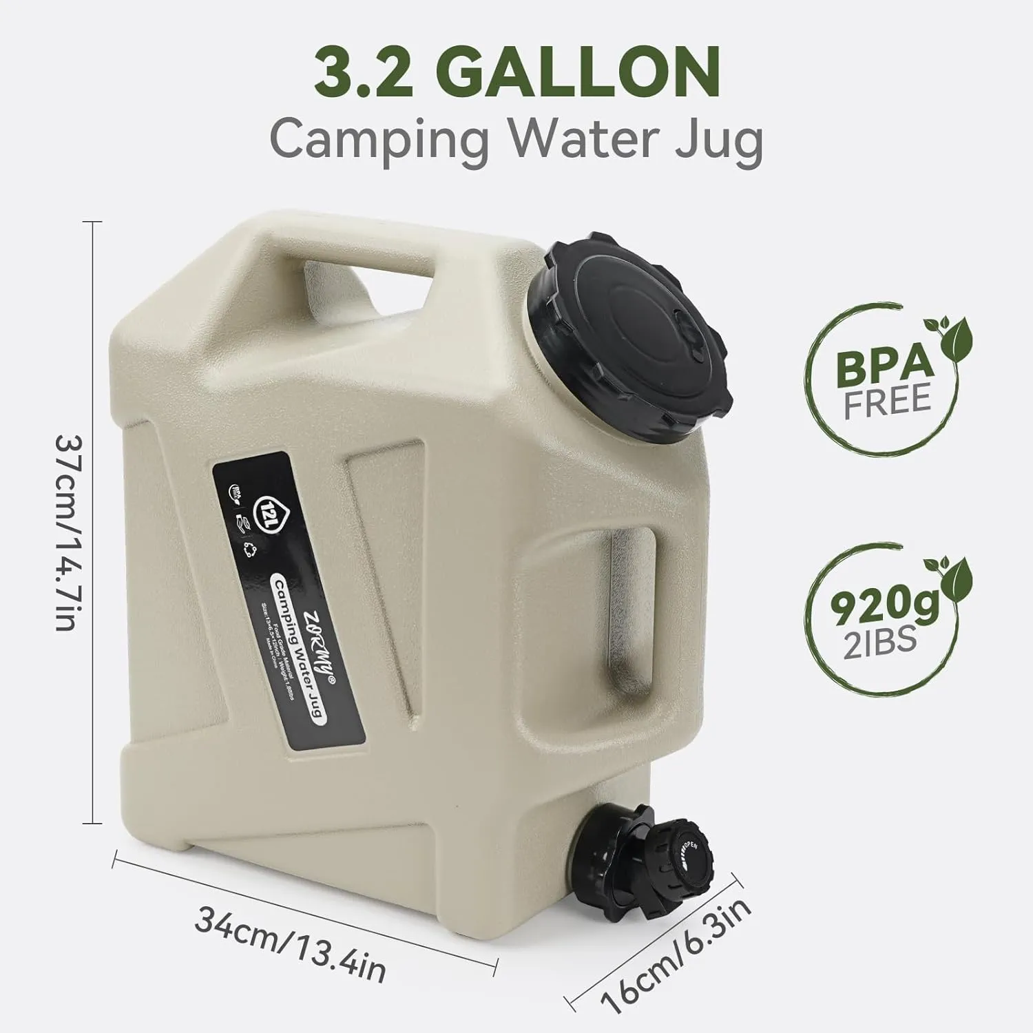 ZORMY 3.2 Gallon Camping Water Container with Spigot, Camping Water Jug, Portable Water Storage Container, BPA Free Large Emergency Water Storage for Camping, Vehicle, Car, Outdoor Hiking, Picnic