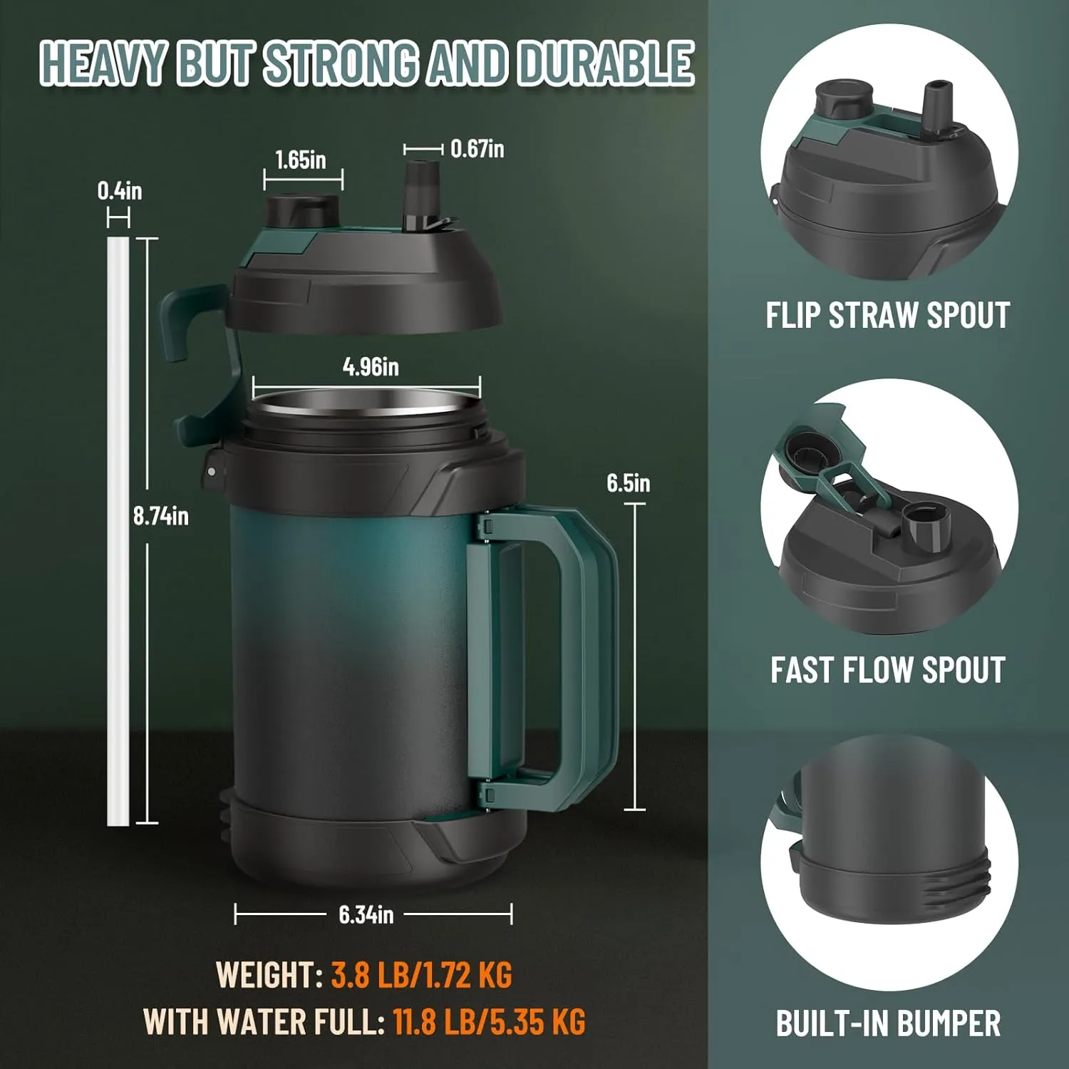 Zukro 1 Gallon Water Jug, One Gallon Large Triple Wall Insulated Metal Jug With Straw and Spout, No Sweat 128 oz Stainless Steel Sport Water Bottle Keeps Cold 48 Hours for Outdoors, Green