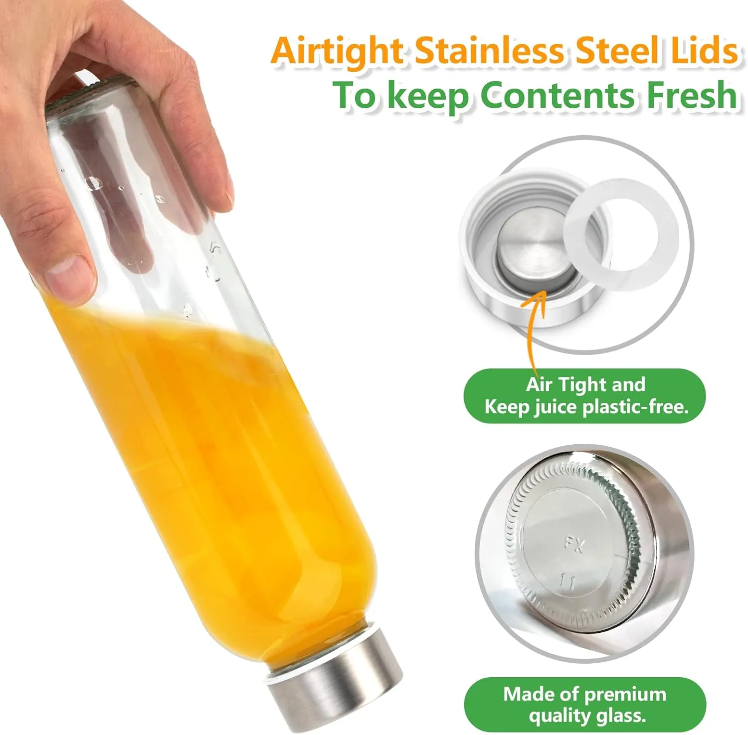 Zukro Glass Water Bottles with Lids 18 oz, Reusable Clear Juice Bottles With Stainless Steel Airtight Cap for Juicing, 100% Leak Proof Juice Drinking Jar for Refrigerator, BPA Free, Set of 10