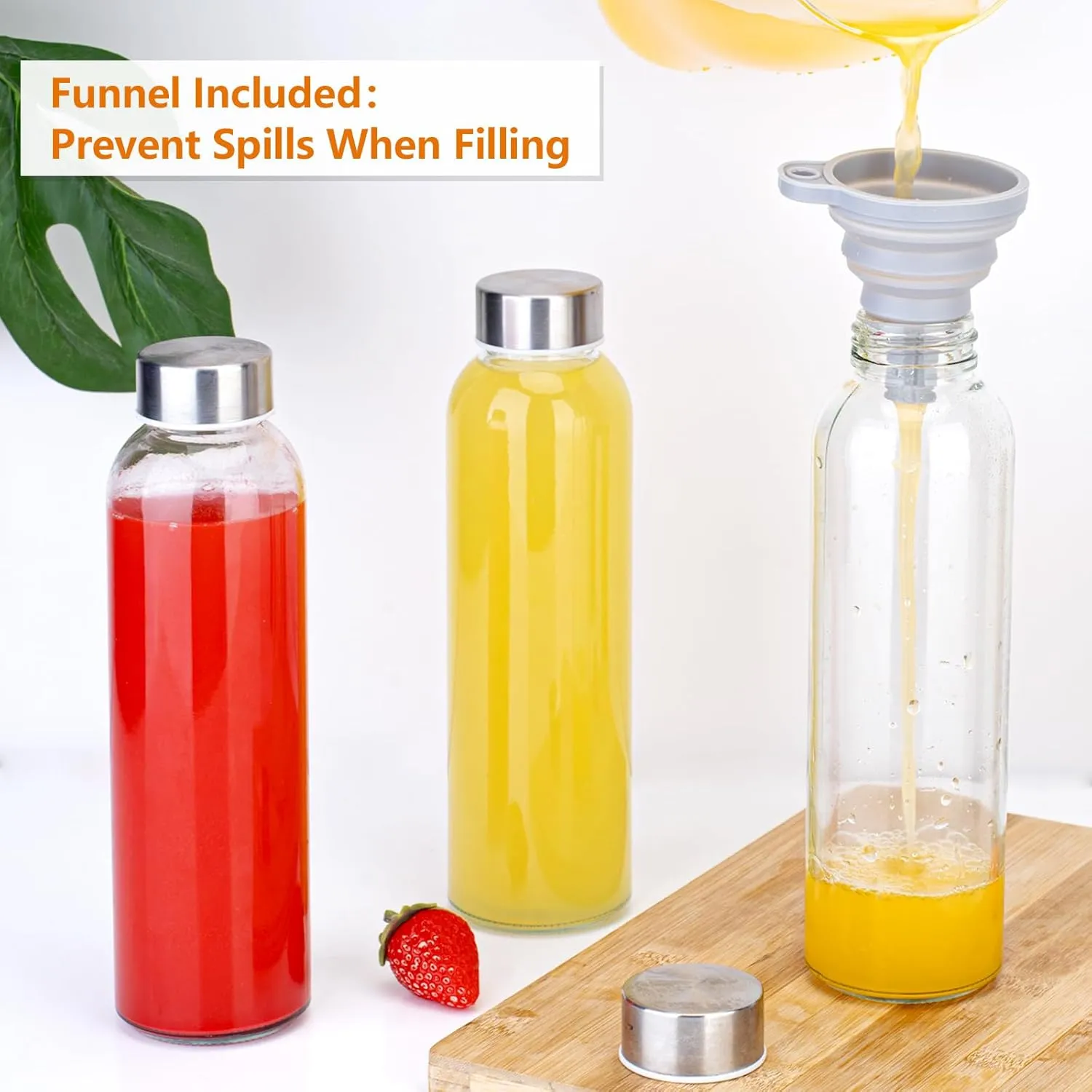 Zukro Glass Water Bottles with Lids 18 oz, Reusable Clear Juice Bottles With Stainless Steel Airtight Cap for Juicing, 100% Leak Proof Juice Drinking Jar for Refrigerator, BPA Free, Set of 10