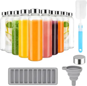 Zukro Glass Water Bottles with Lids 18 oz, Reusable Clear Juice Bottles With Stainless Steel Airtight Cap for Juicing, 100% Leak Proof Juice Drinking Jar for Refrigerator, BPA Free, Set of 10