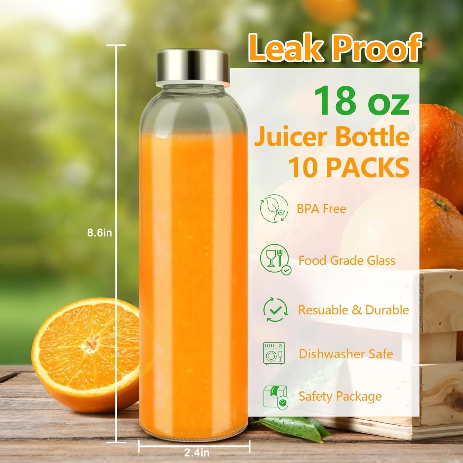Zukro Glass Water Bottles with Lids 18 oz, Reusable Clear Juice Bottles With Stainless Steel Airtight Cap for Juicing, 100% Leak Proof Juice Drinking Jar for Refrigerator, BPA Free, Set of 10