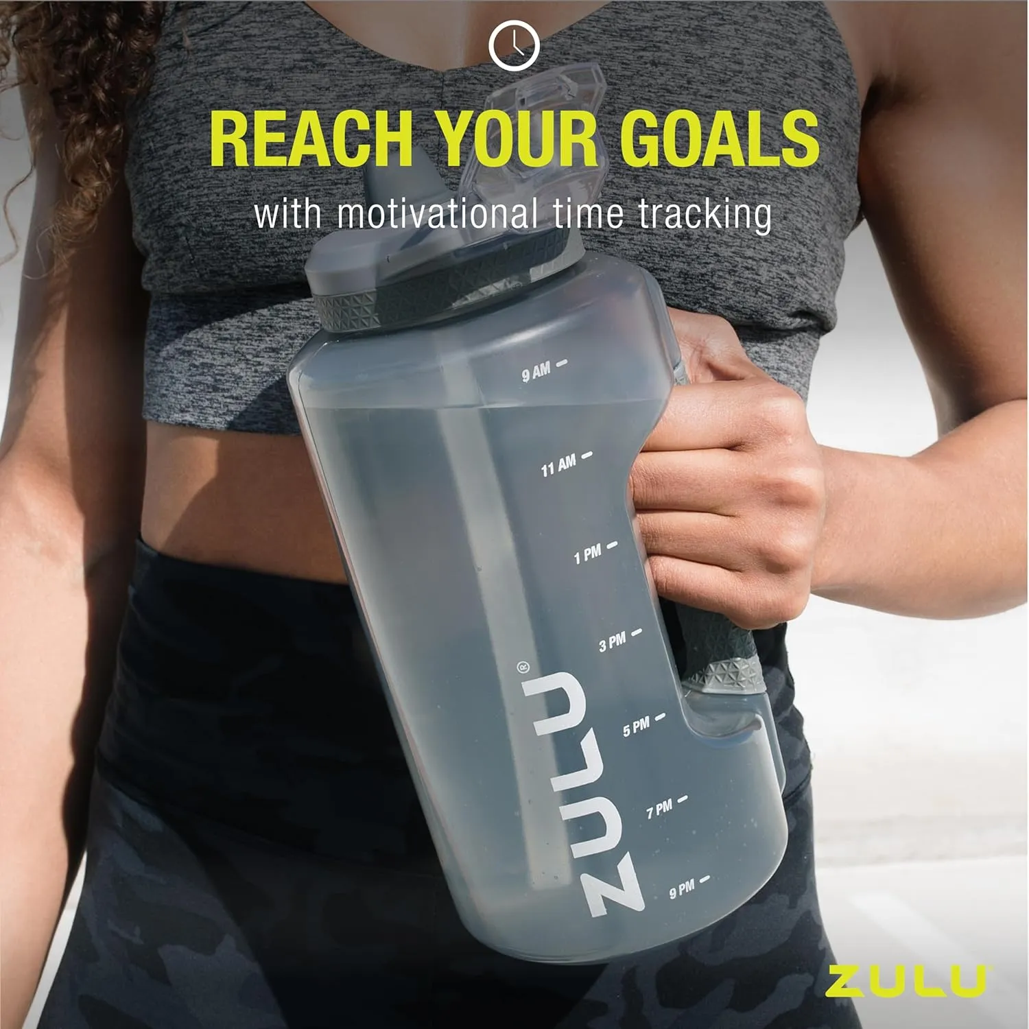 ZULU Goals Large Water Bottle Jug with Time Marker & Handle for All Day Hydration | Silicone Soft Straw with Locking Leak-Proof Lid | For Gym, Camping, Workout, and Outdoors | BPA-Free | 64oz, 128oz