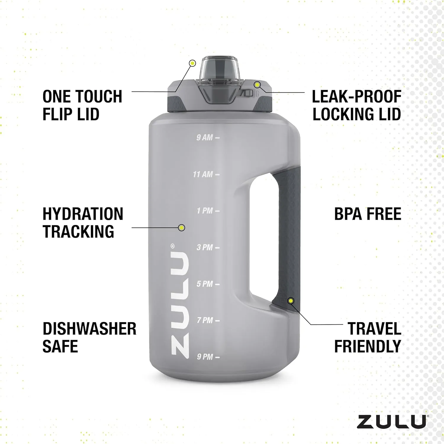 ZULU Goals Large Water Bottle Jug with Time Marker & Handle for All Day Hydration | Silicone Soft Straw with Locking Leak-Proof Lid | For Gym, Camping, Workout, and Outdoors | BPA-Free | 64oz, 128oz
